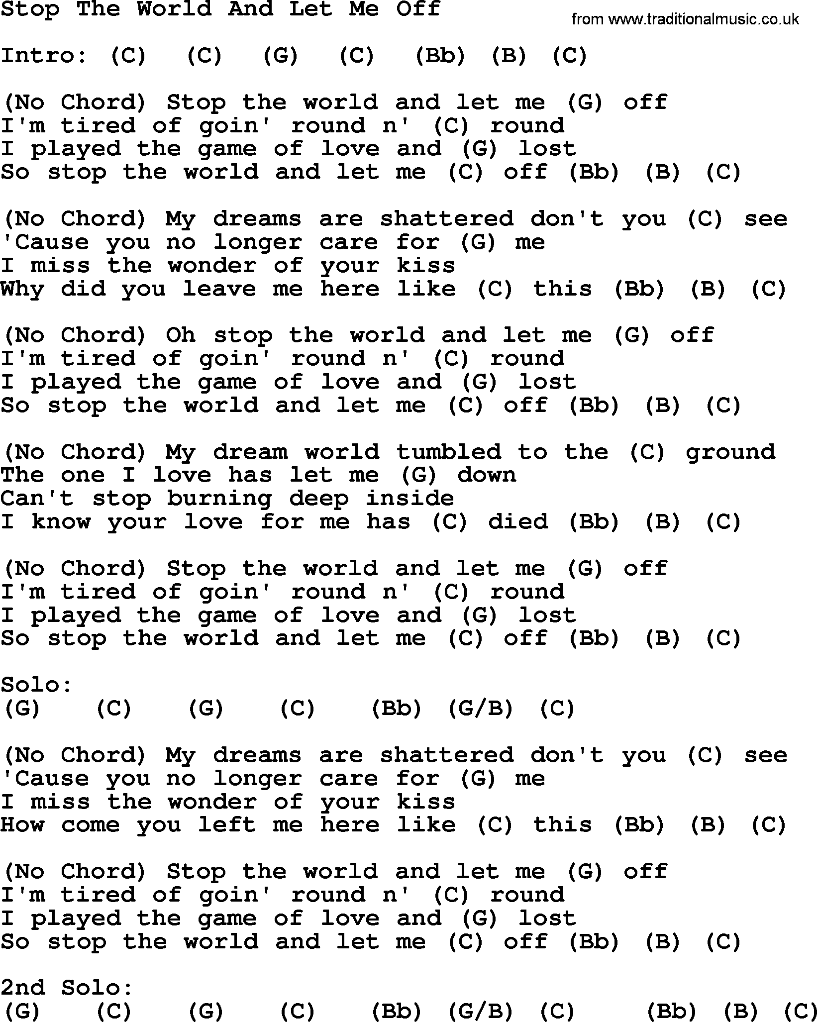 Merle Haggard song: Stop The World And Let Me Off, lyrics and chords