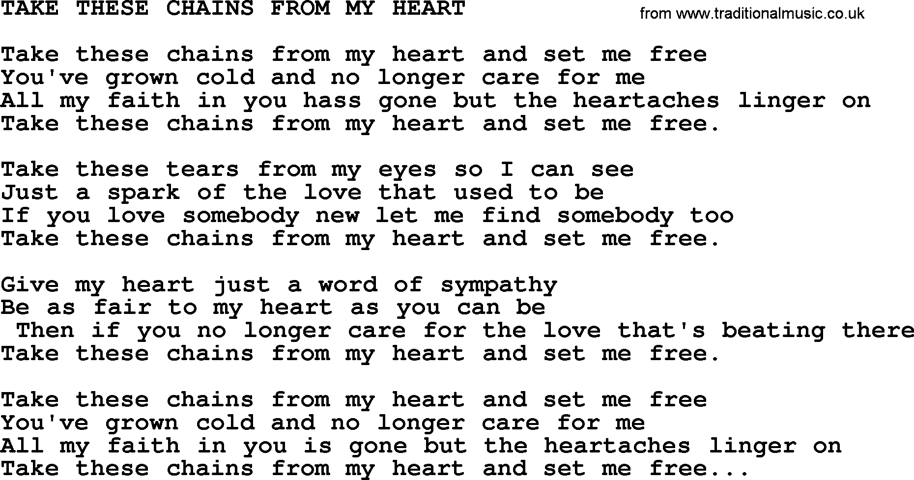 Merle Haggard song: Take These Chains From My Heart, lyrics.