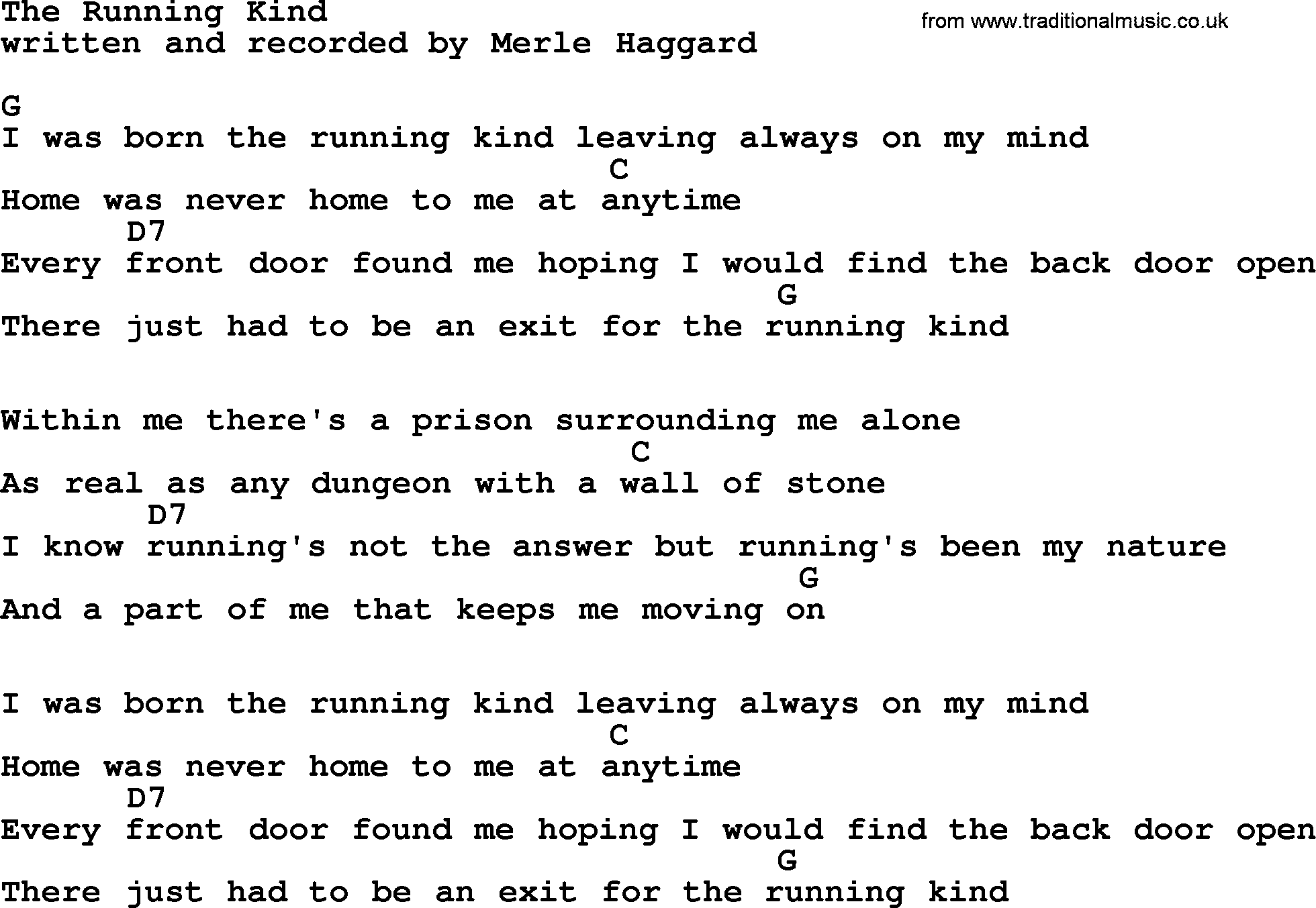 Merle Haggard song: The Running Kind, lyrics and chords