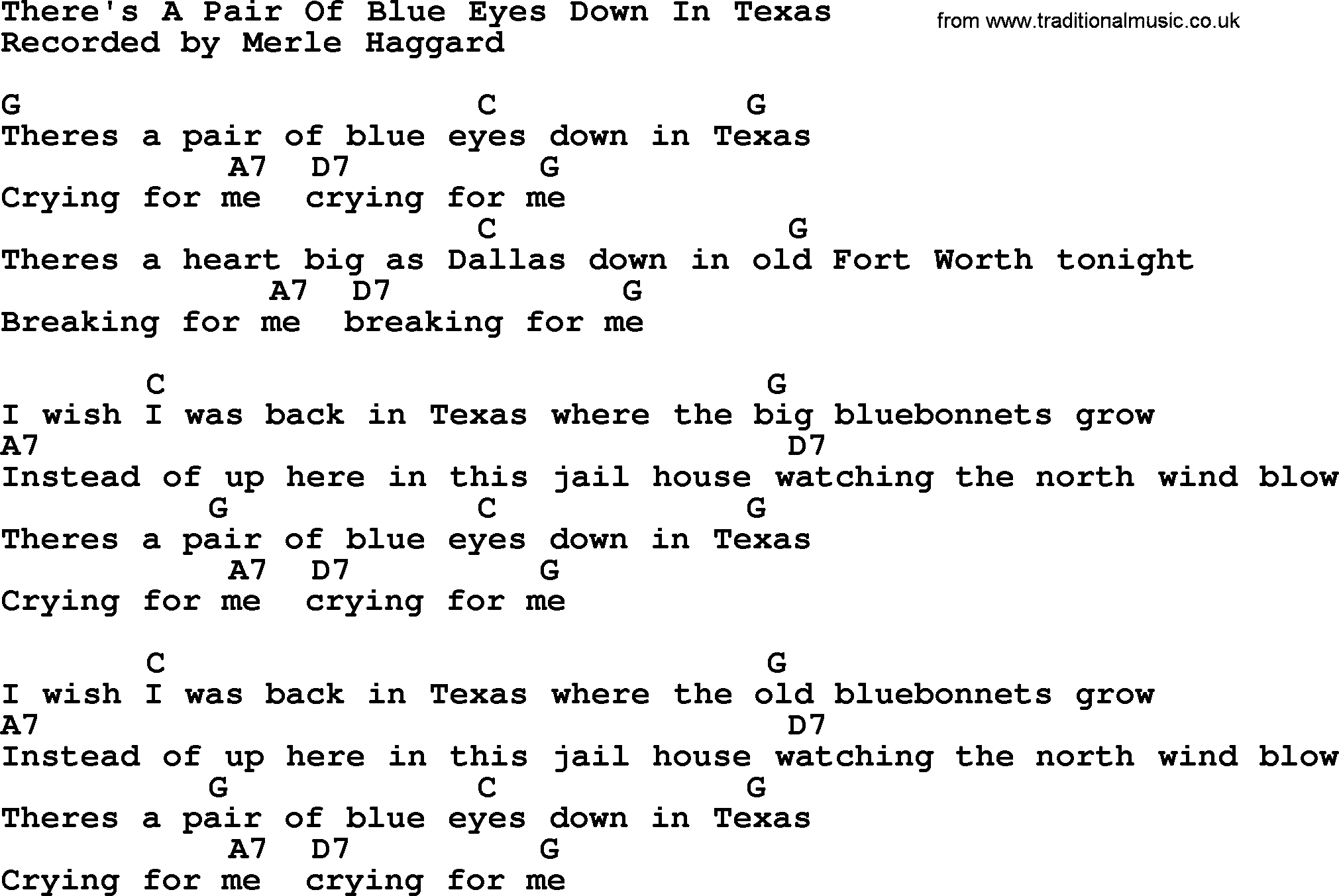 Merle Haggard song: There's A Pair Of Blue Eyes Down In Texas, lyrics and chords