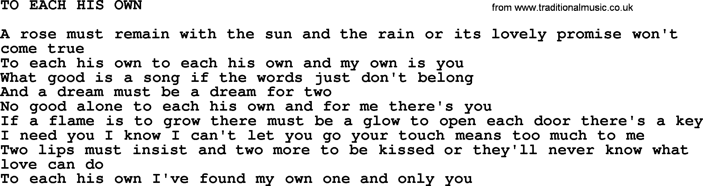 Merle Haggard song: To Each His Own, lyrics.