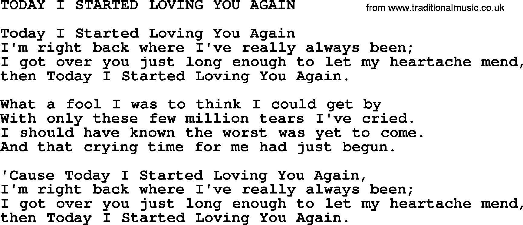Merle Haggard song: Today I Started Loving You Again, lyrics.