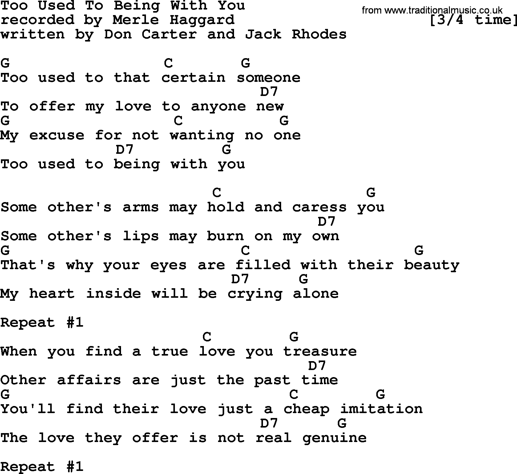 Merle Haggard song: Too Used To Being With You, lyrics and chords