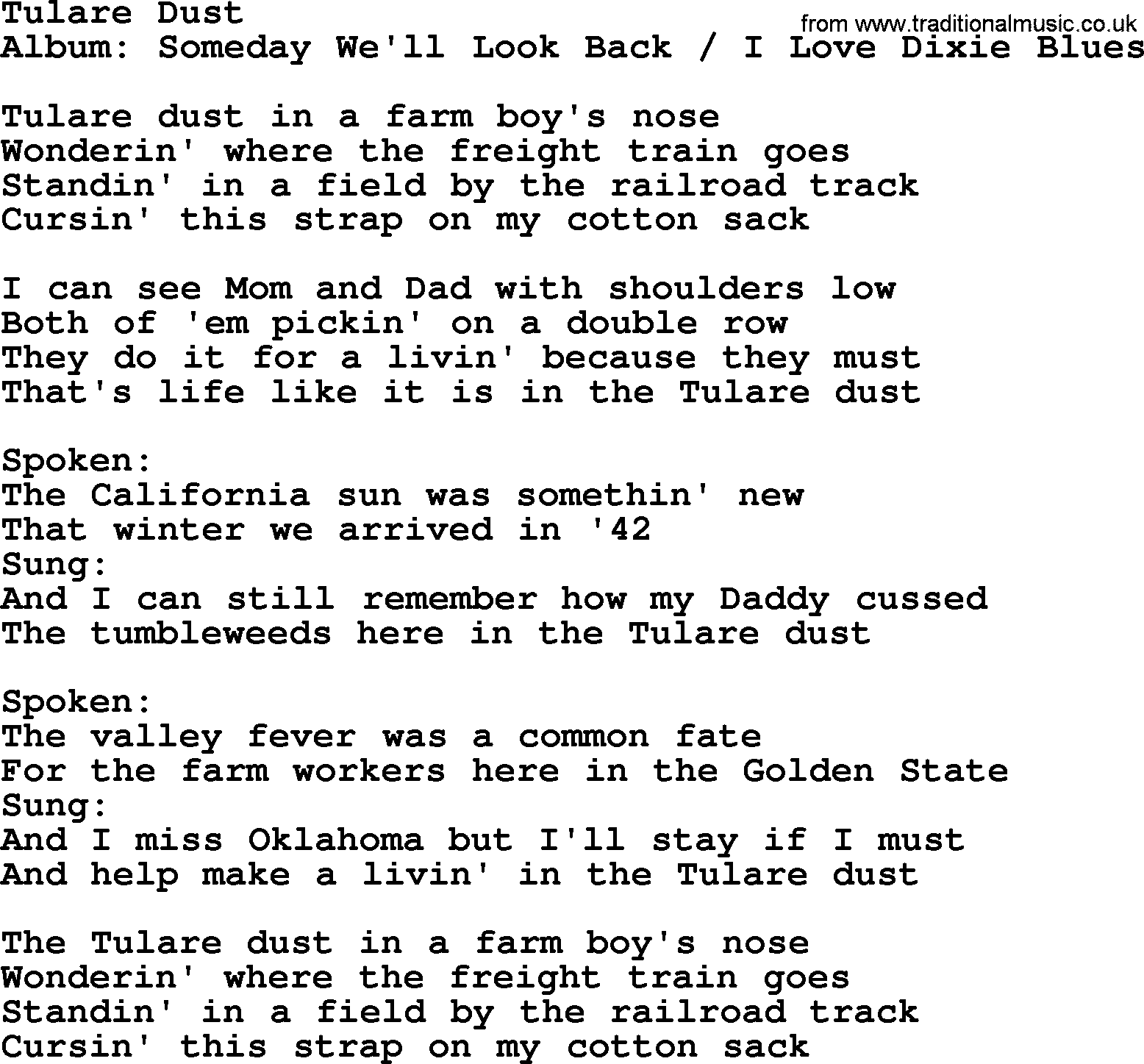 Merle Haggard song: Tulare Dust, lyrics.