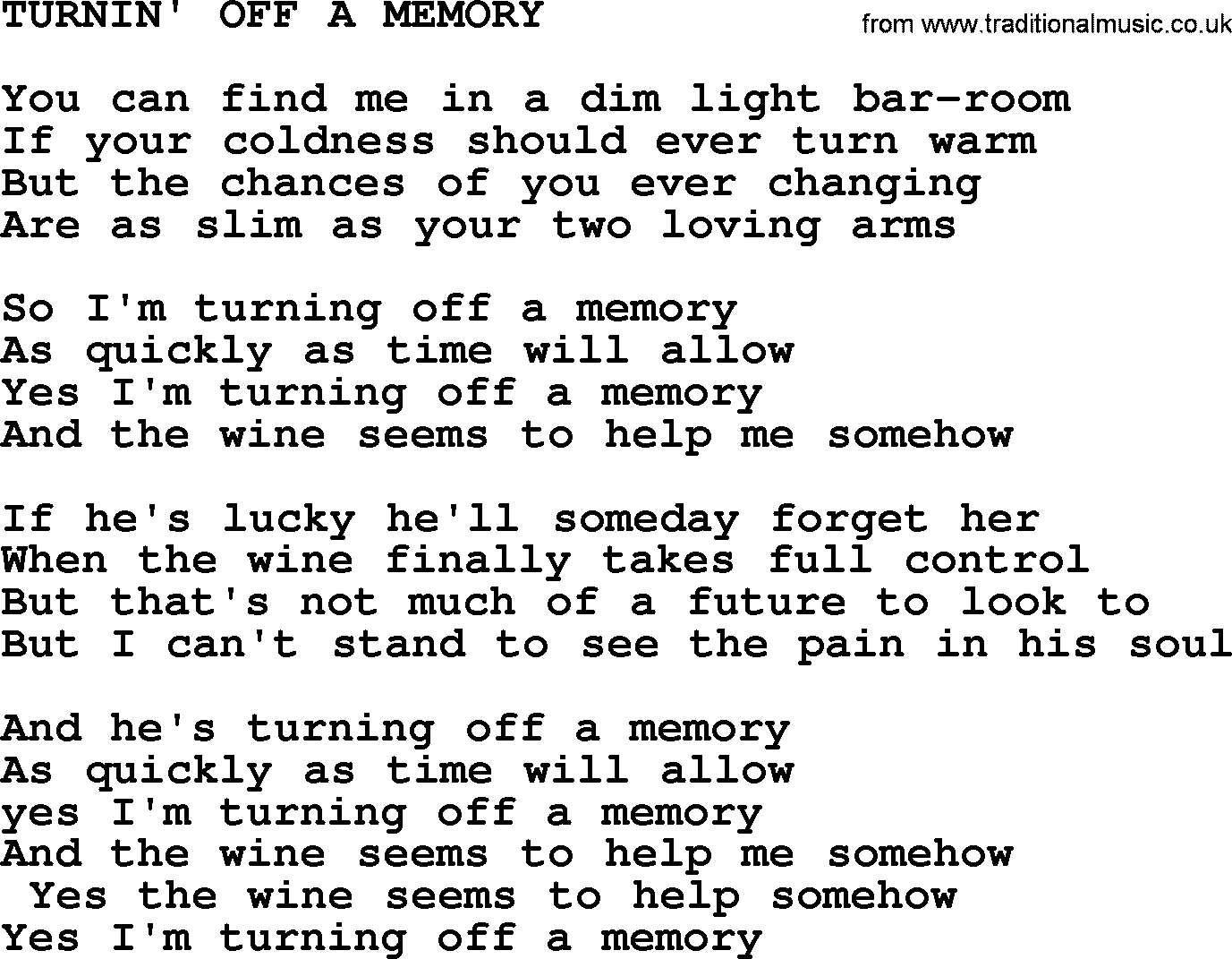 Merle Haggard song: Turnin' Off A Memory, lyrics.