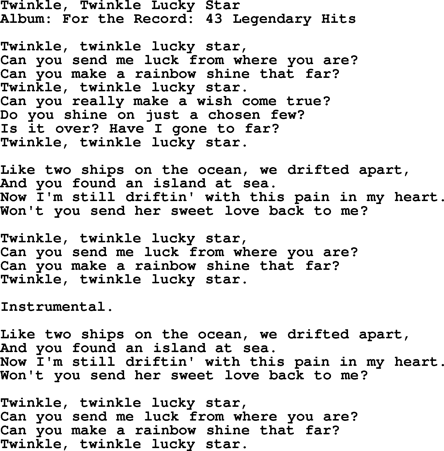 Merle Haggard song: Twinkle, Twinkle Lucky Star, lyrics.