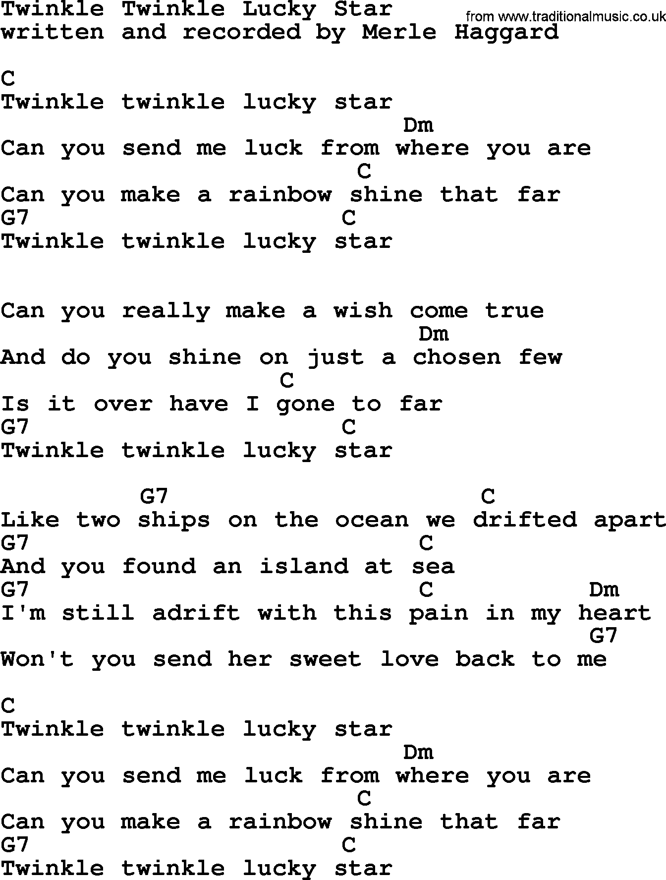 Merle Haggard song: Twinkle Twinkle Lucky Star, lyrics and chords