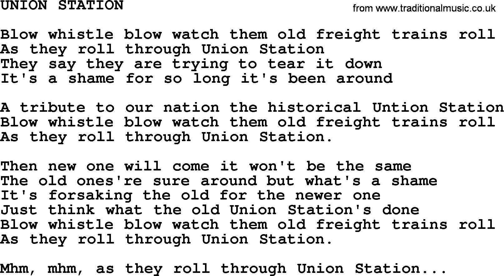 Merle Haggard song: Union Station, lyrics.
