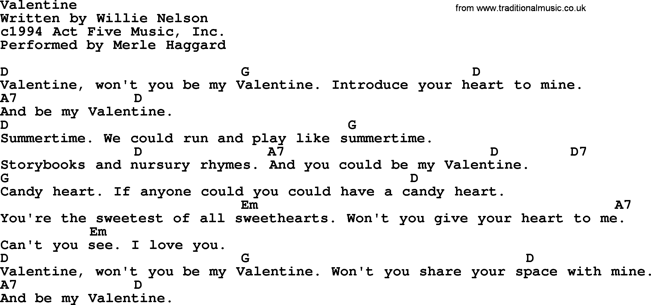 Merle Haggard song: Valentine, lyrics and chords