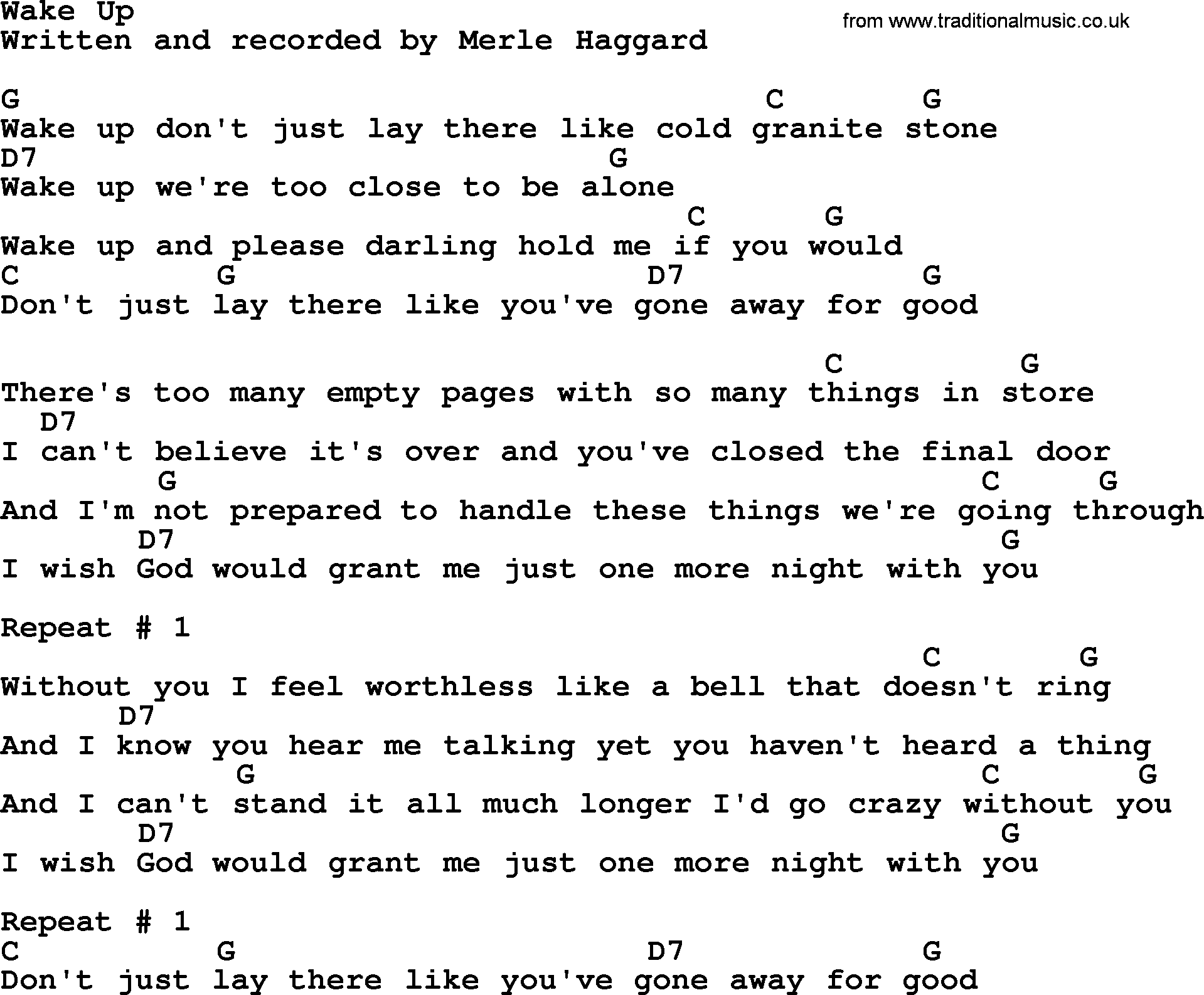 Merle Haggard song: Wake Up, lyrics and chords