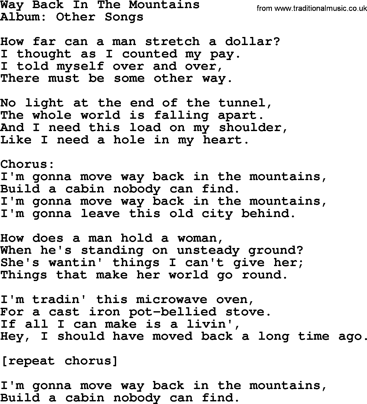 Merle Haggard song: Way Back In The Mountains, lyrics.