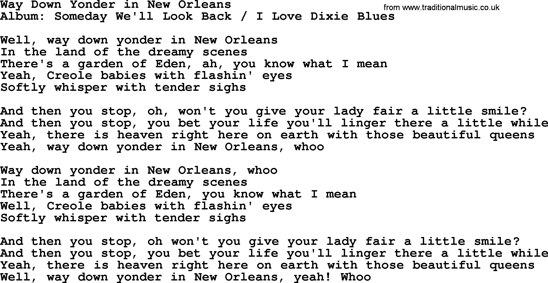 Merle Haggard song: Way Down Yonder In New Orleans, lyrics.