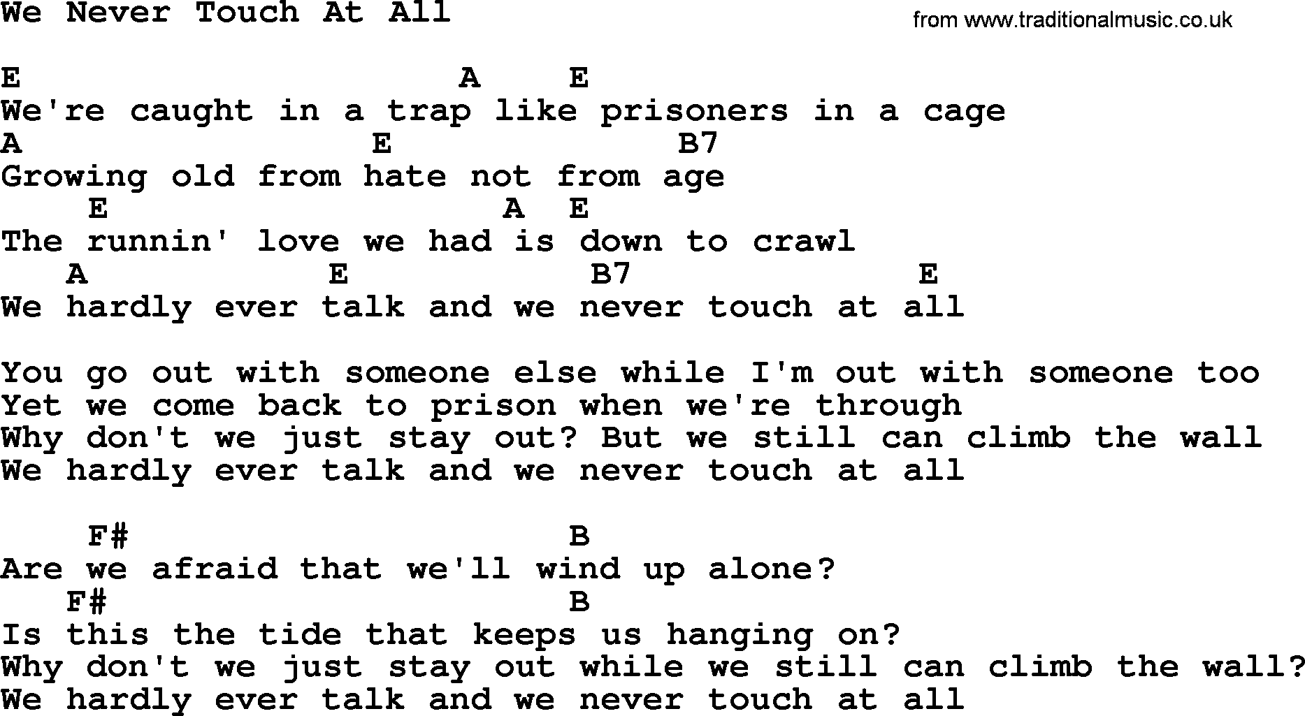 Merle Haggard song: We Never Touch At All, lyrics and chords