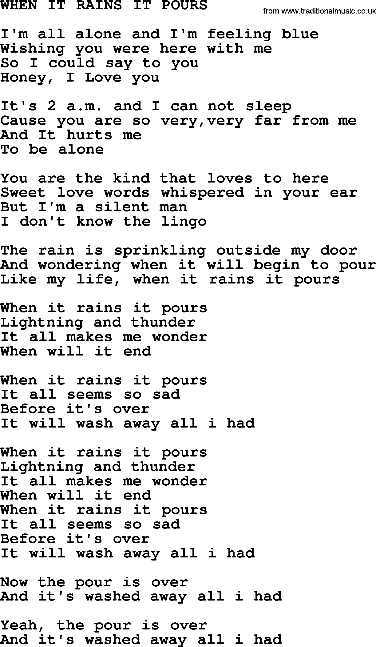 Merle Haggard song: When It Rains It Pours, lyrics.