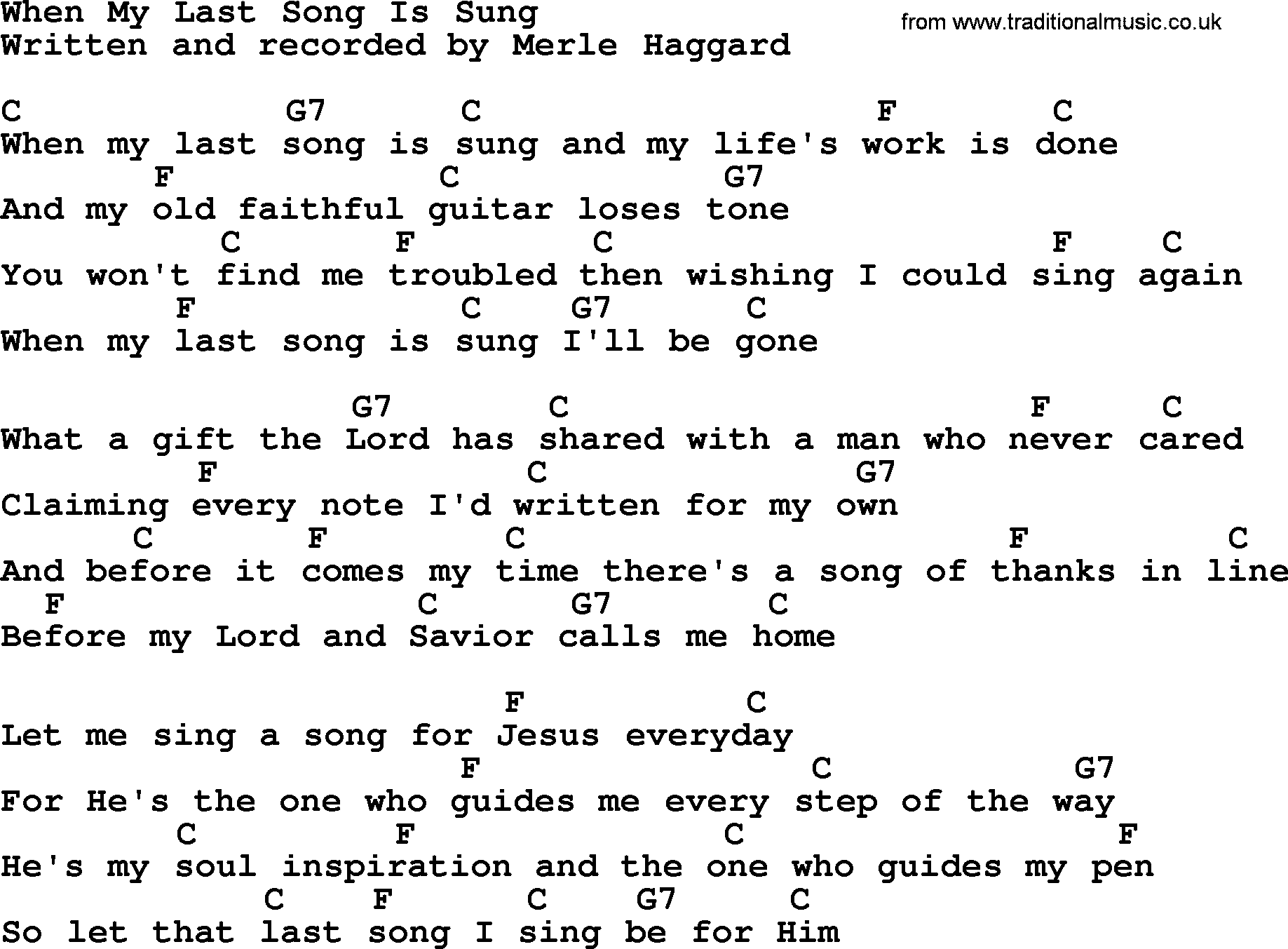 Merle Haggard song: When My Last Song Is Sung, lyrics and chords