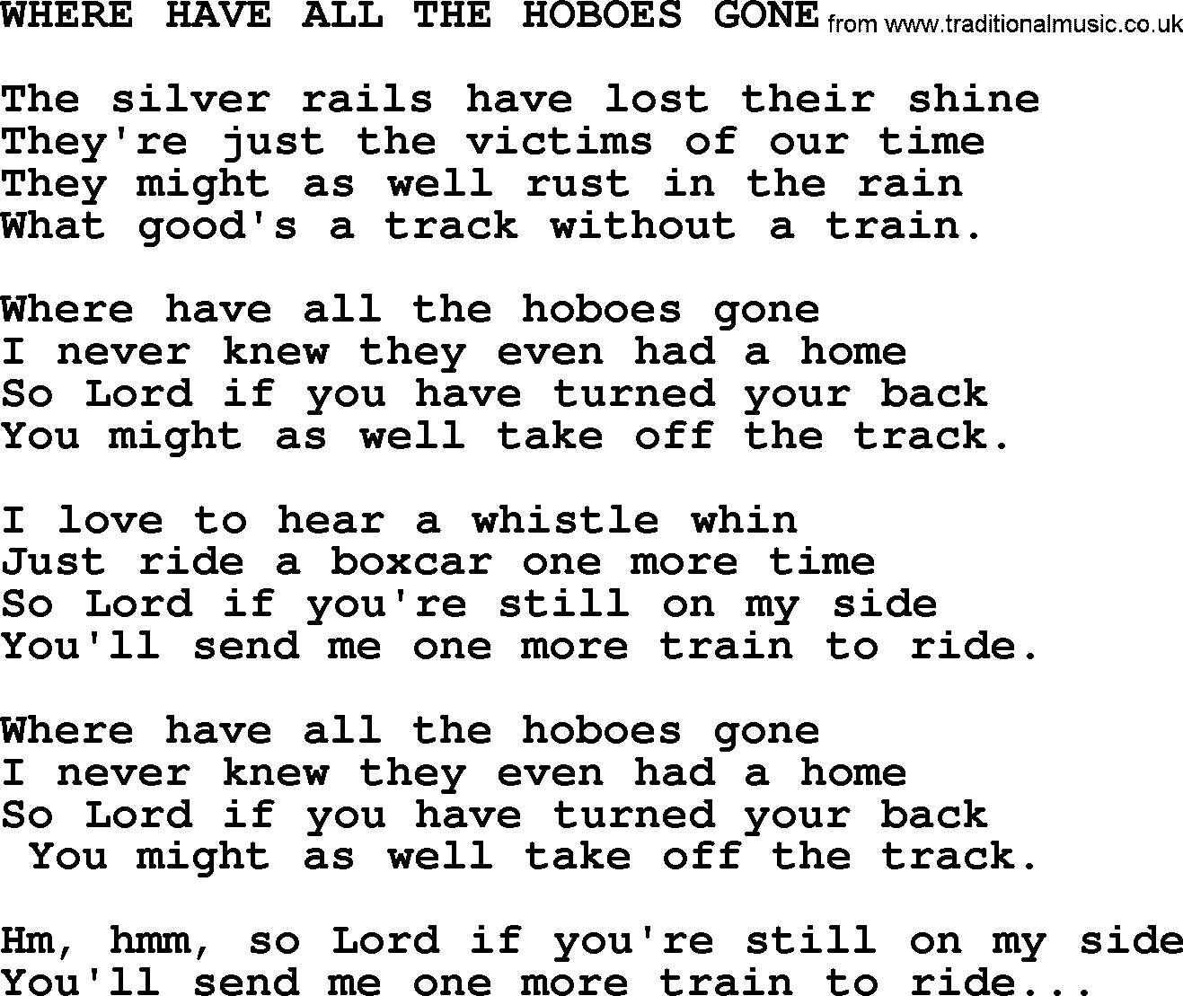 Merle Haggard song: Where Have All The Hoboes Gone, lyrics.