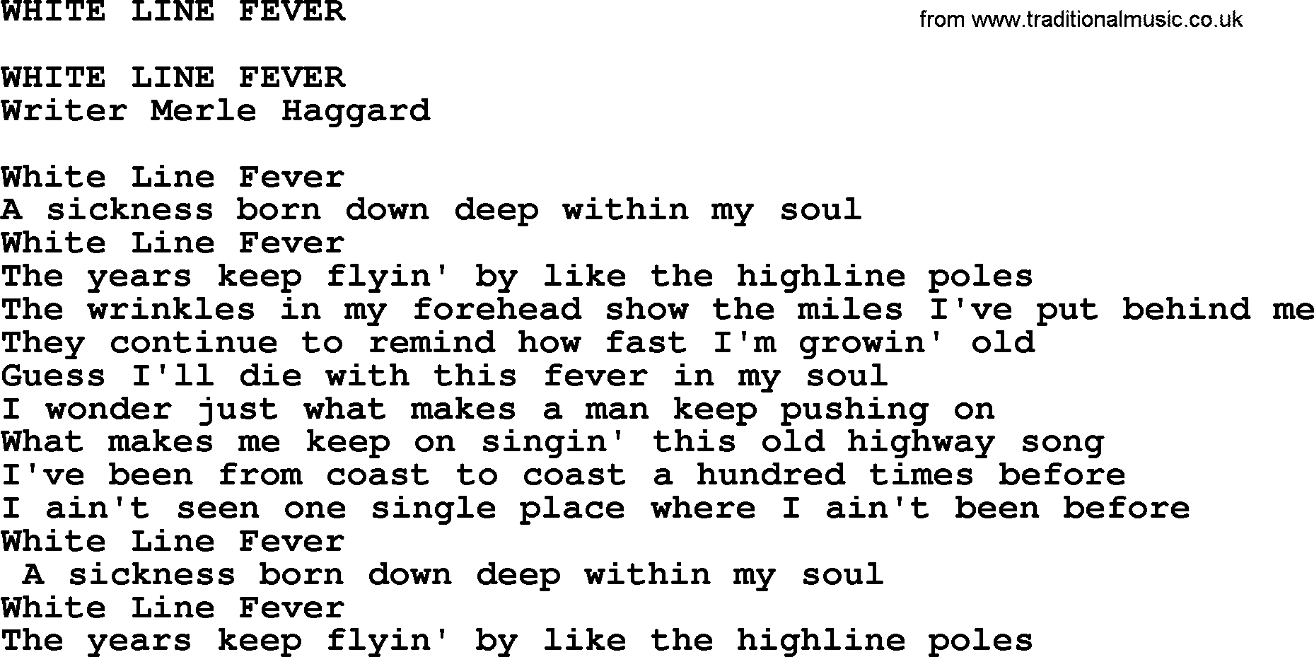 Merle Haggard song: White Line Fever, lyrics.