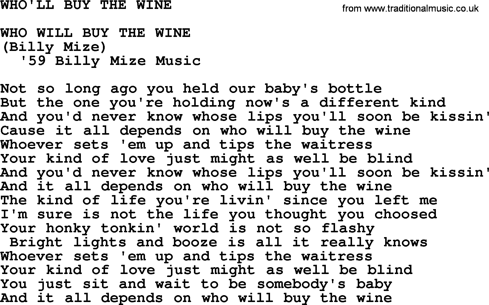 Merle Haggard song: Who'll Buy The Wine, lyrics.