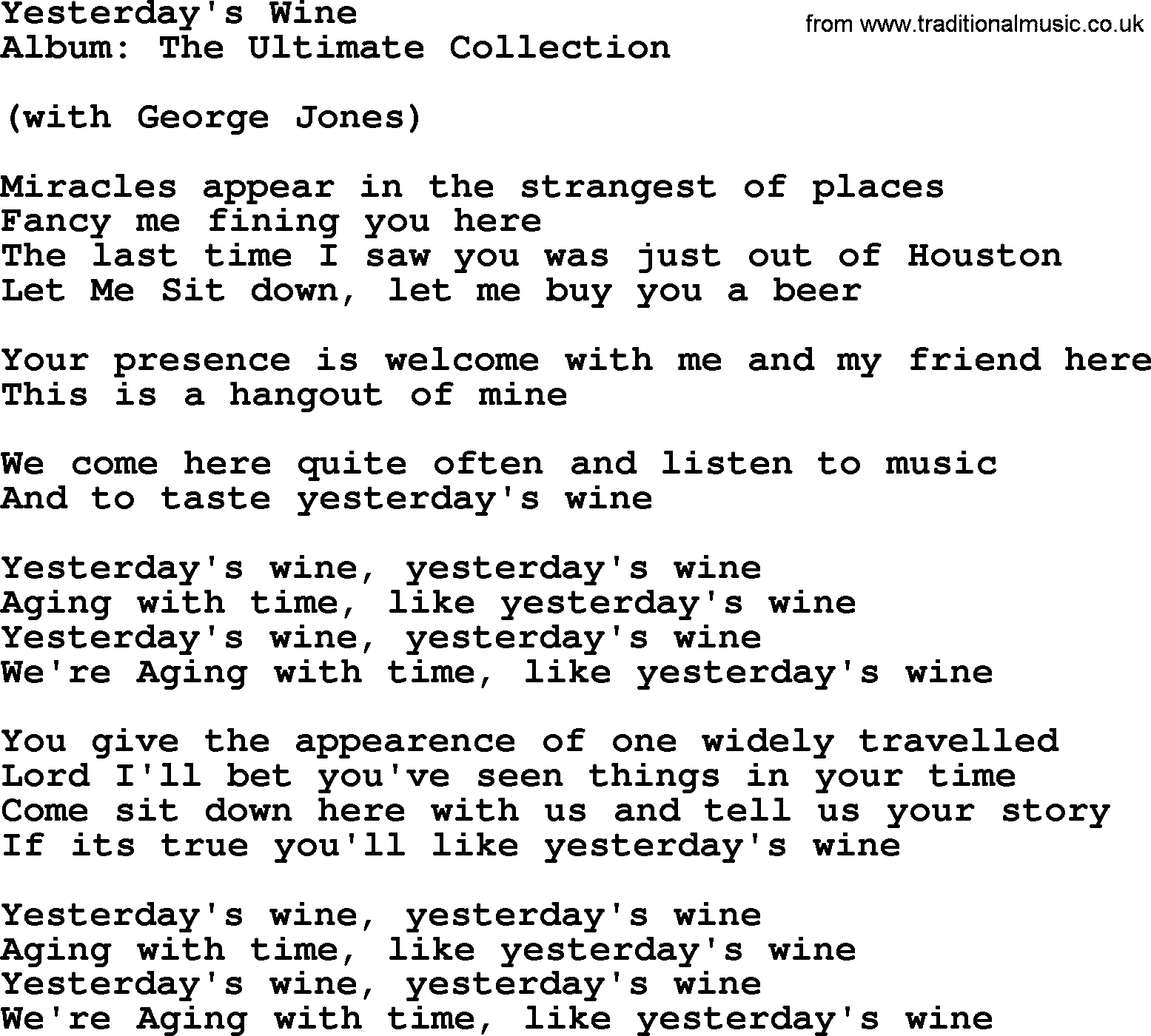 Merle Haggard song: Yesterday's Wine, lyrics.