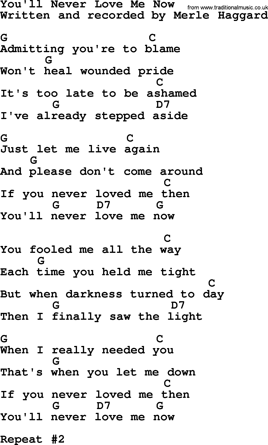 Merle Haggard song: You'll Never Love Me Now, lyrics and chords