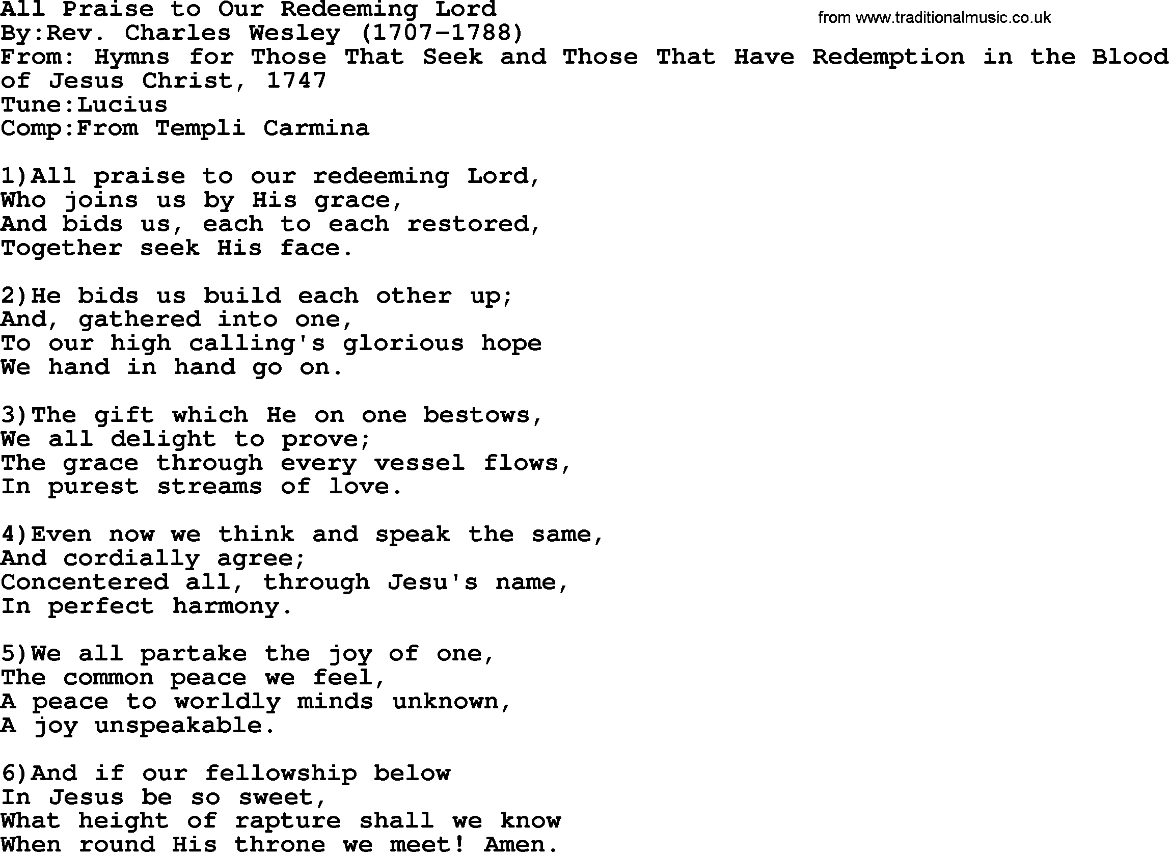 Methodist Hymn: All Praise To Our Redeeming Lord, lyrics