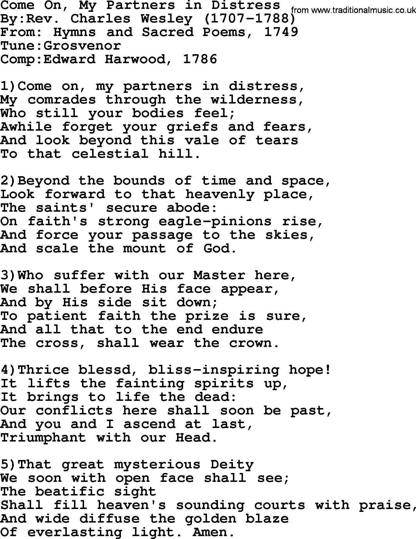 Methodist Hymn: Come On, My Partners In Distress, lyrics