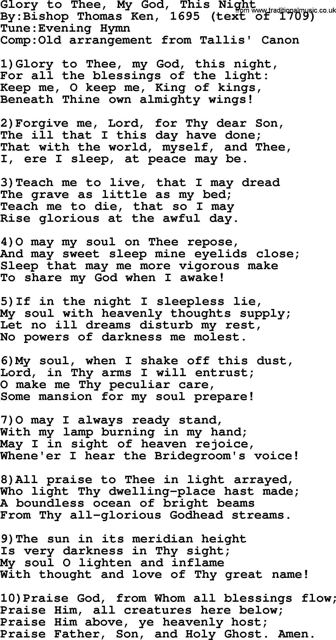 Methodist Hymn: Glory To Thee, My God, This Night, lyrics
