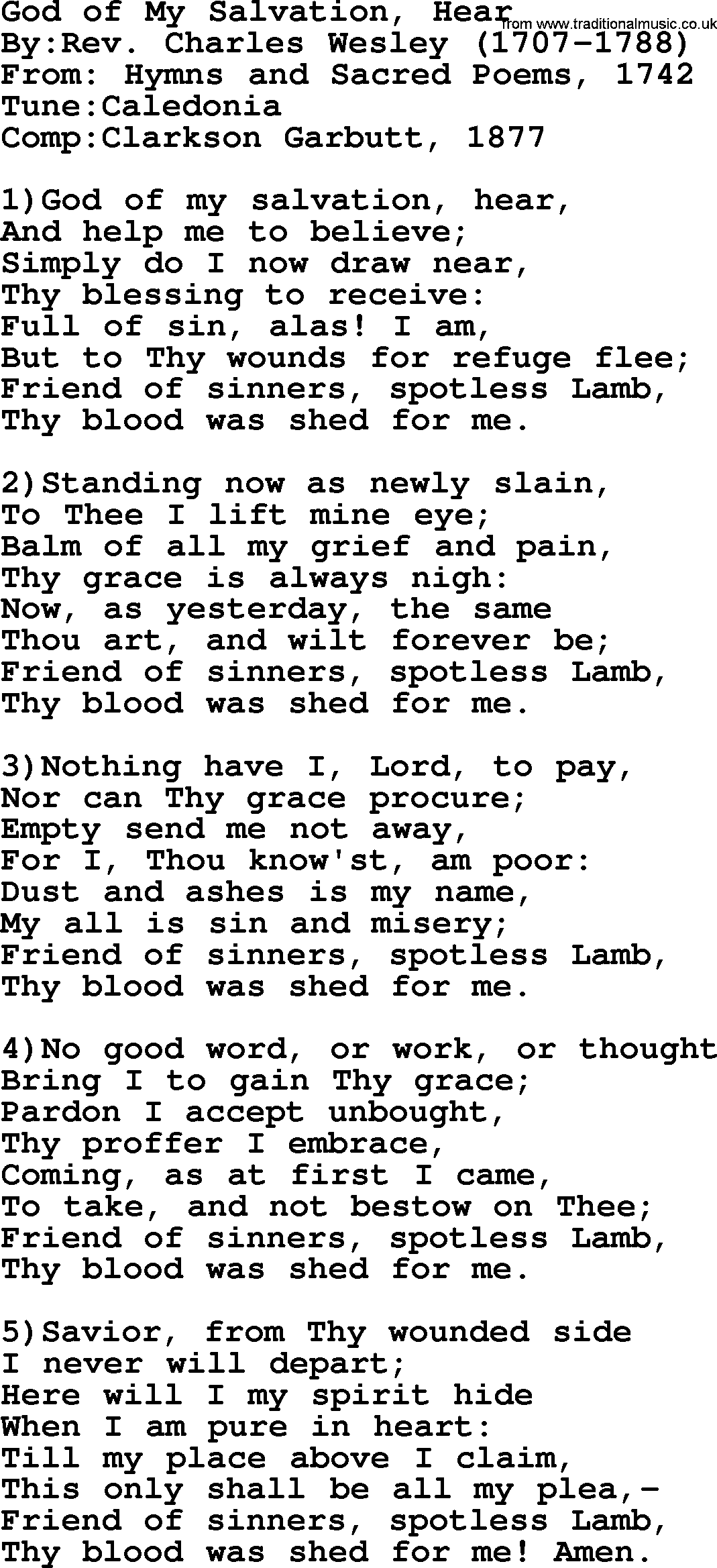Methodist Hymn: God Of My Salvation, Hear, lyrics