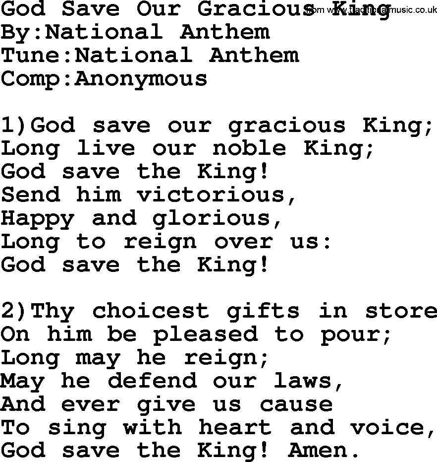 Methodist Hymn: God Save Our Gracious King - lyrics with PDF.
