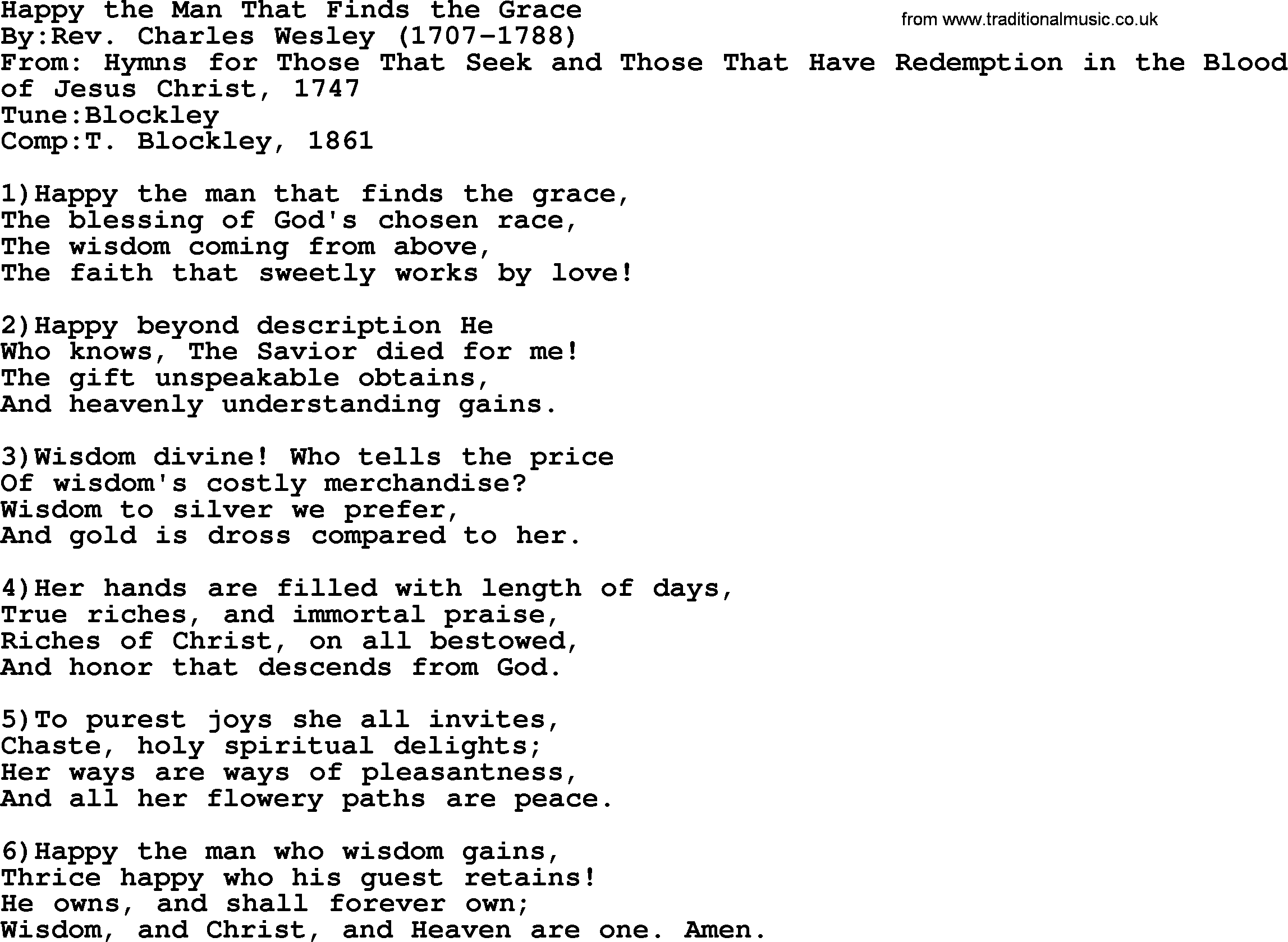 Methodist Hymn: Happy The Man That Finds The Grace, lyrics