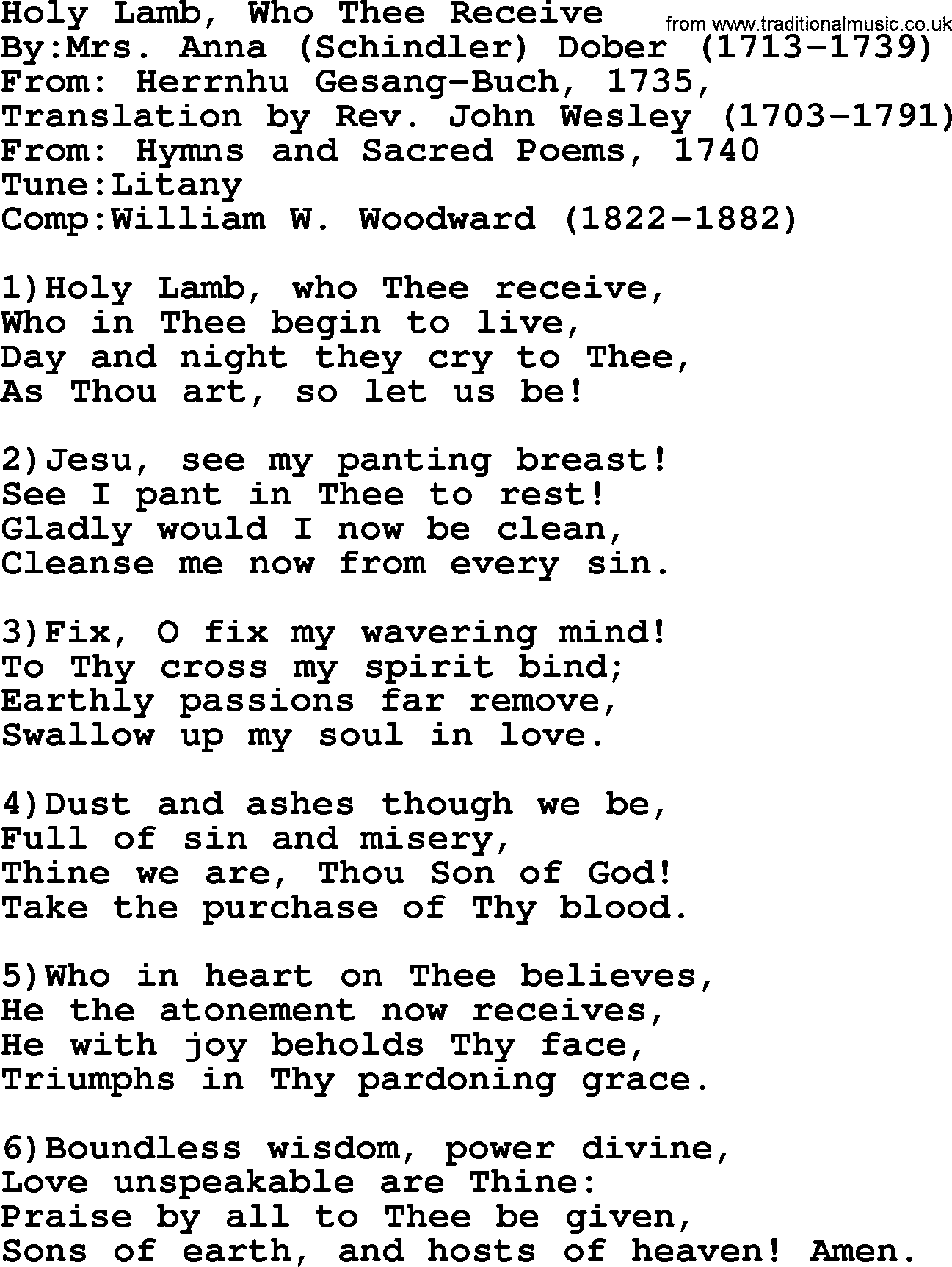 Methodist Hymn: Holy Lamb, Who Thee Receive, lyrics