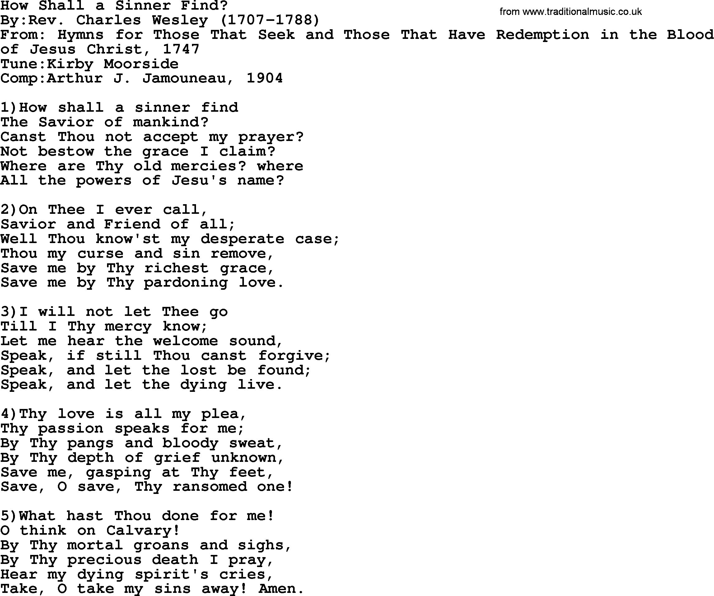 Methodist Hymn: How Shall A Sinner Find, lyrics