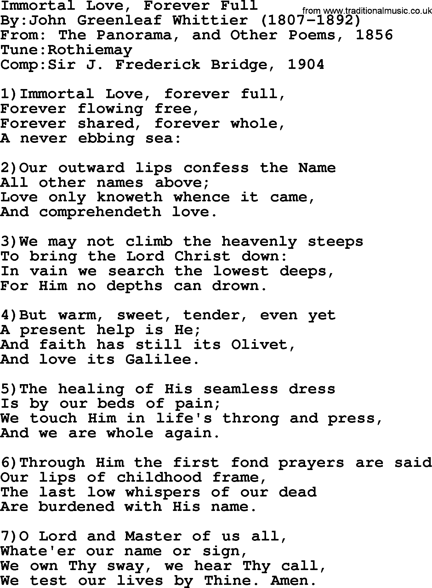 Methodist Hymn: Immortal Love, Forever Full, lyrics