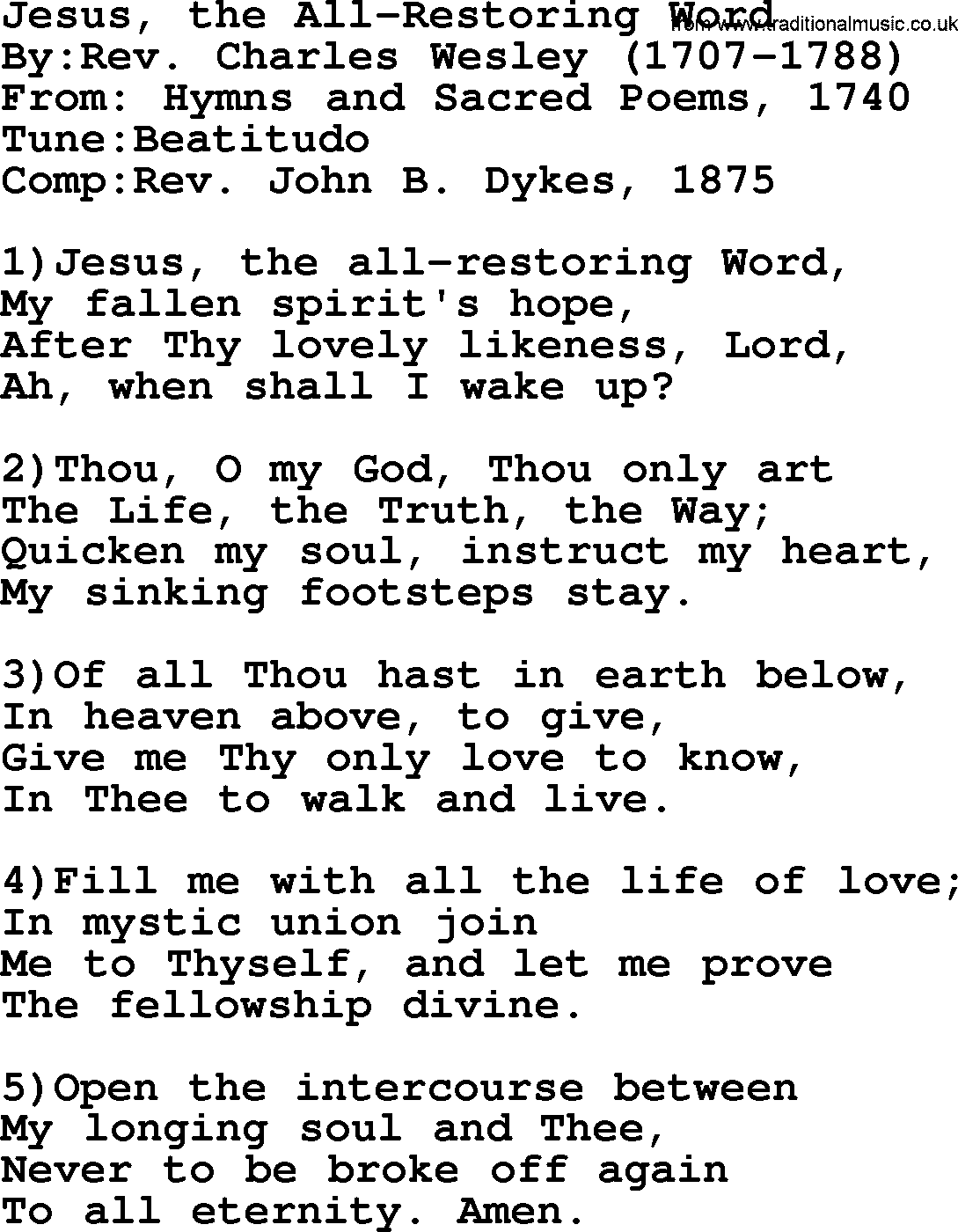 Methodist Hymn: Jesus, The All-restoring Word, lyrics