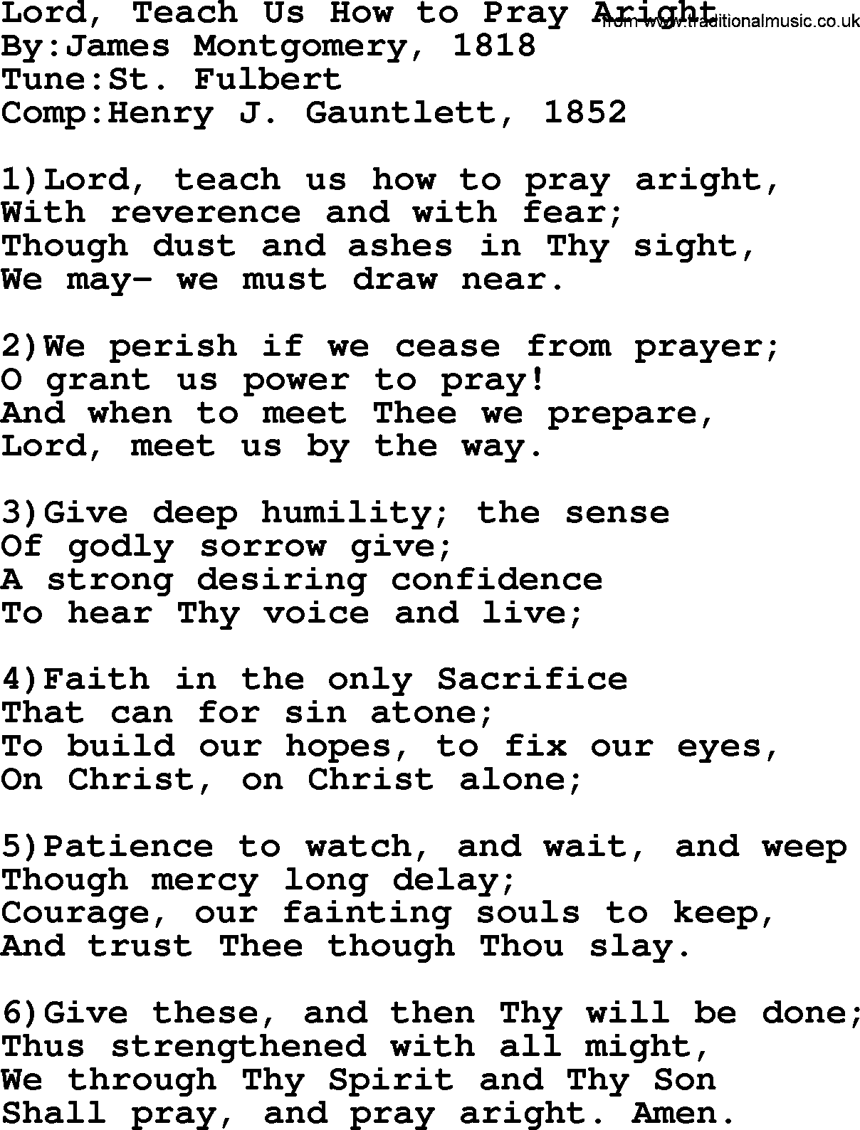 Methodist Hymn: Lord, Teach Us How To Pray Aright, lyrics