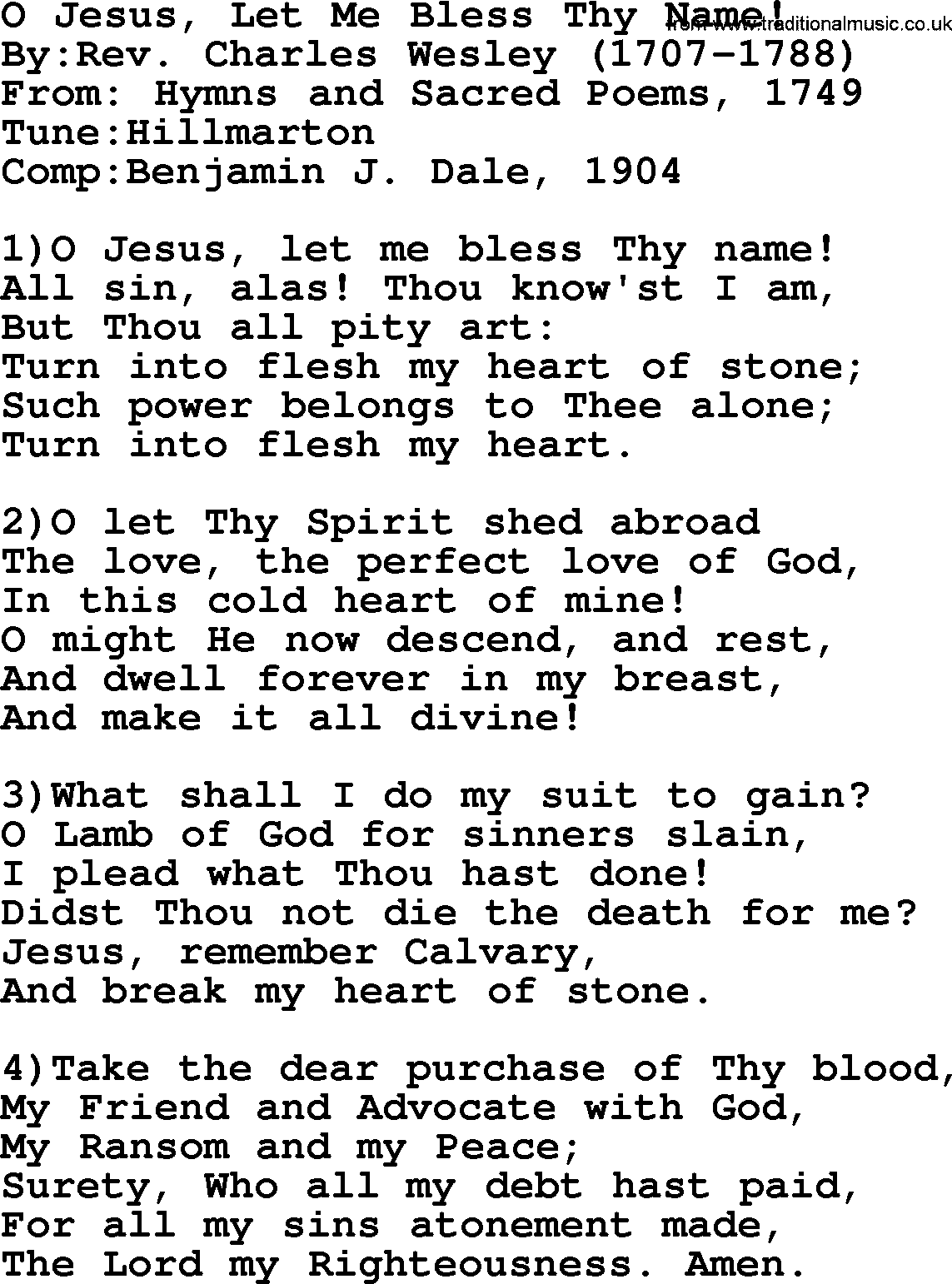 Methodist Hymn: O Jesus, Let Me Bless Thy Name!, lyrics