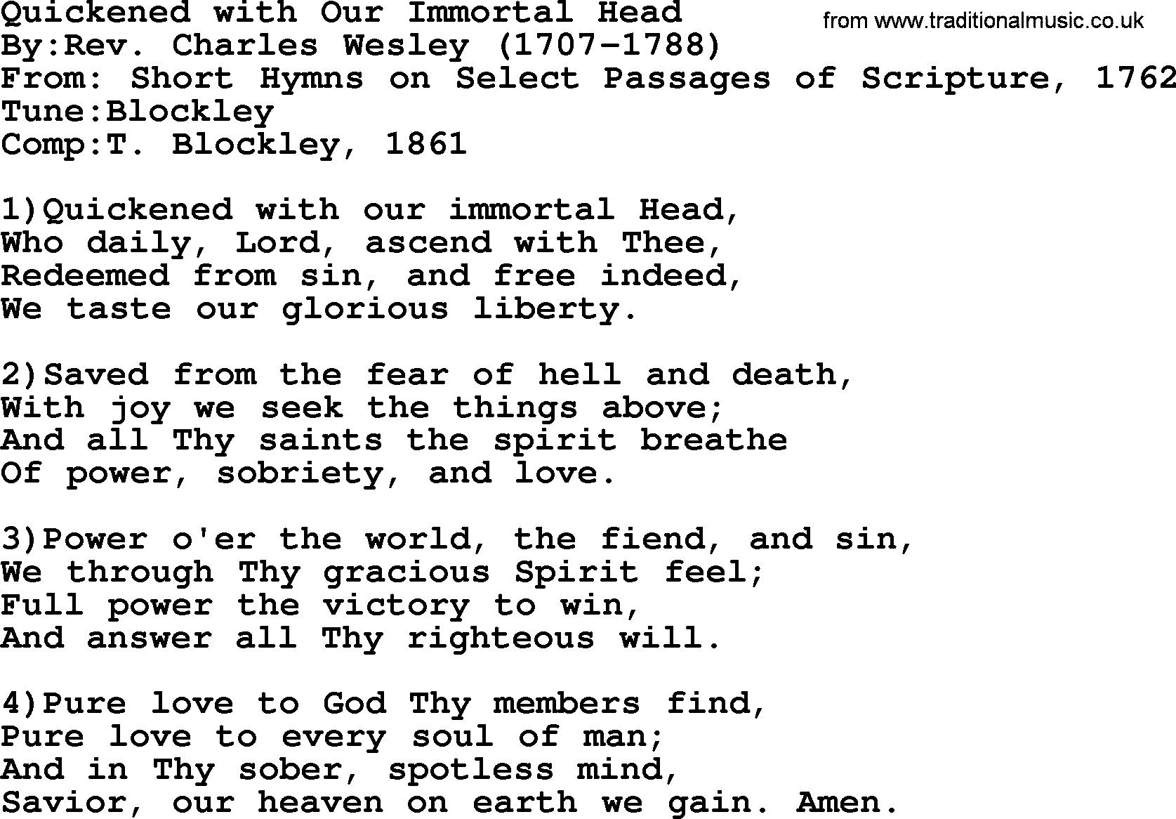 Methodist Hymn: Quickened With Our Immortal Head, lyrics