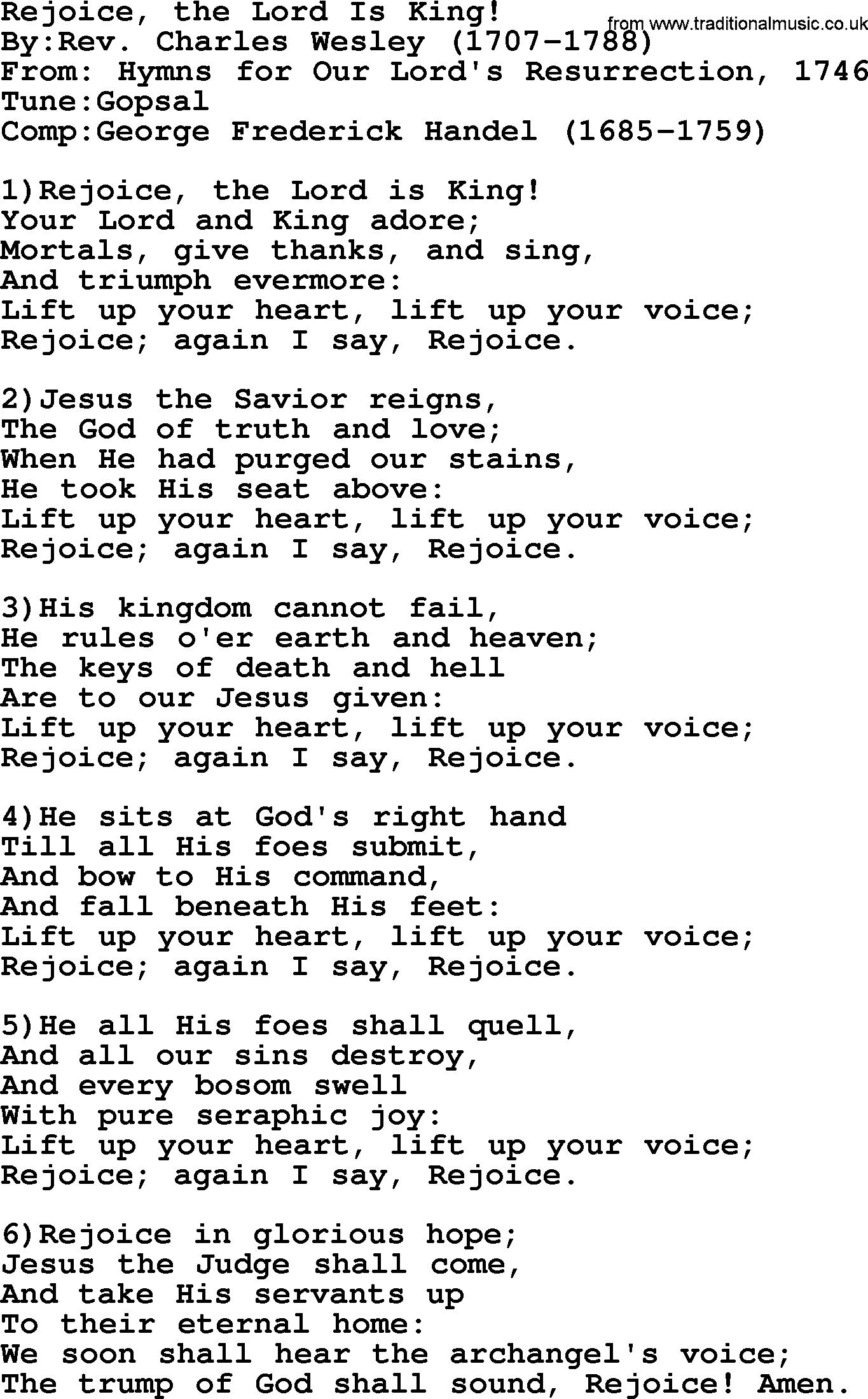 Methodist Hymn: Rejoice, The Lord Is King!, lyrics
