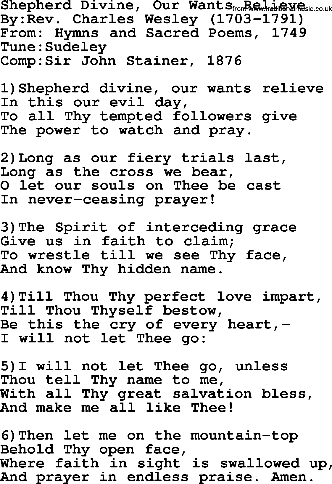 Methodist Hymn: Shepherd Divine, Our Wants Relieve, lyrics