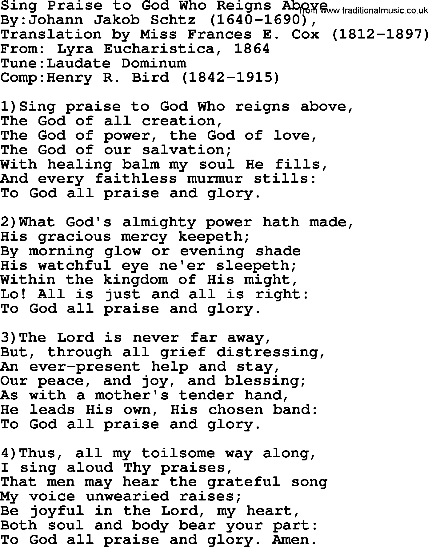 Methodist Hymn: Sing Praise To God Who Reigns Above, lyrics