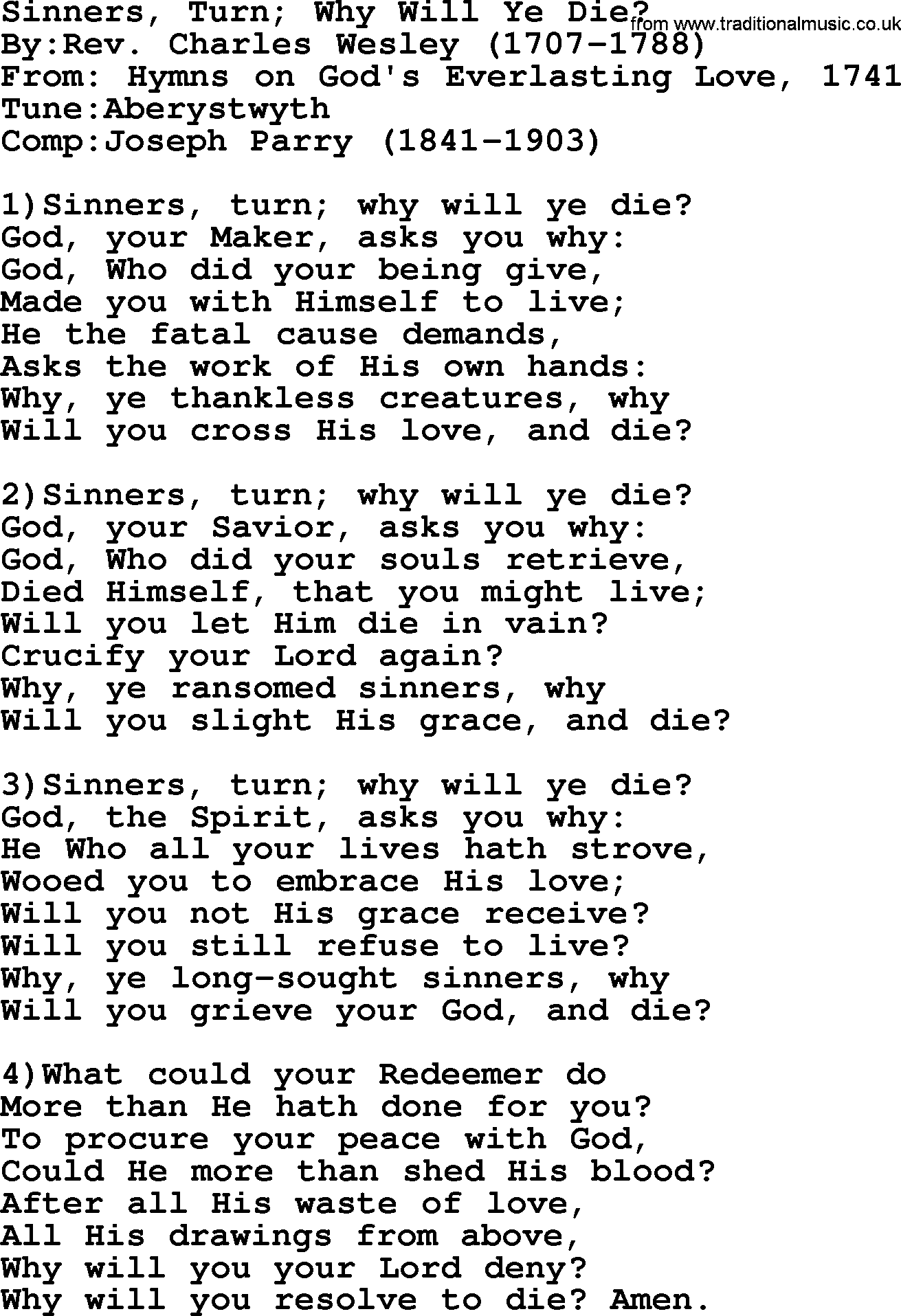 Methodist Hymn: Sinners, Turn; Why Will Ye Die, lyrics
