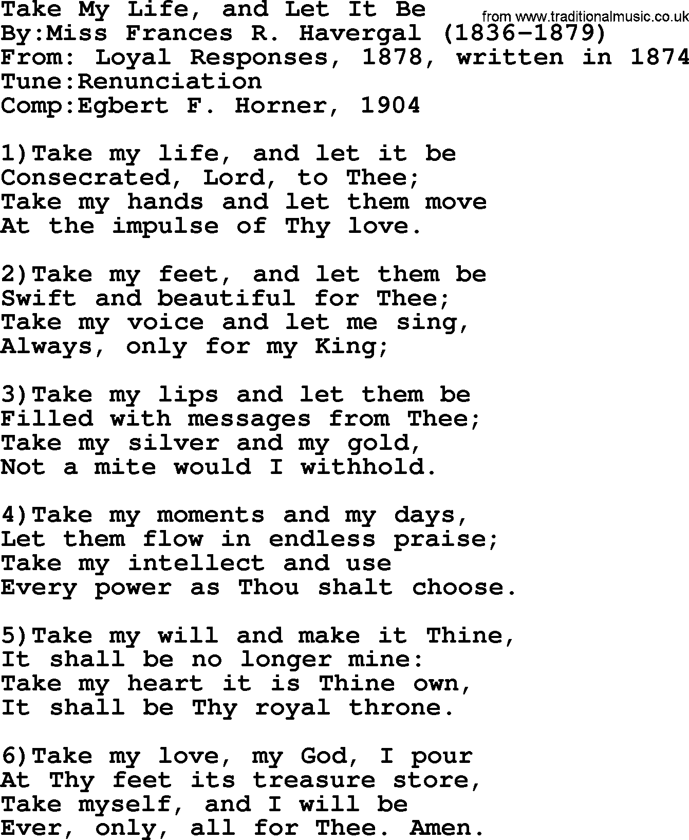 Methodist Hymn: Take My Life, And Let It Be, lyrics