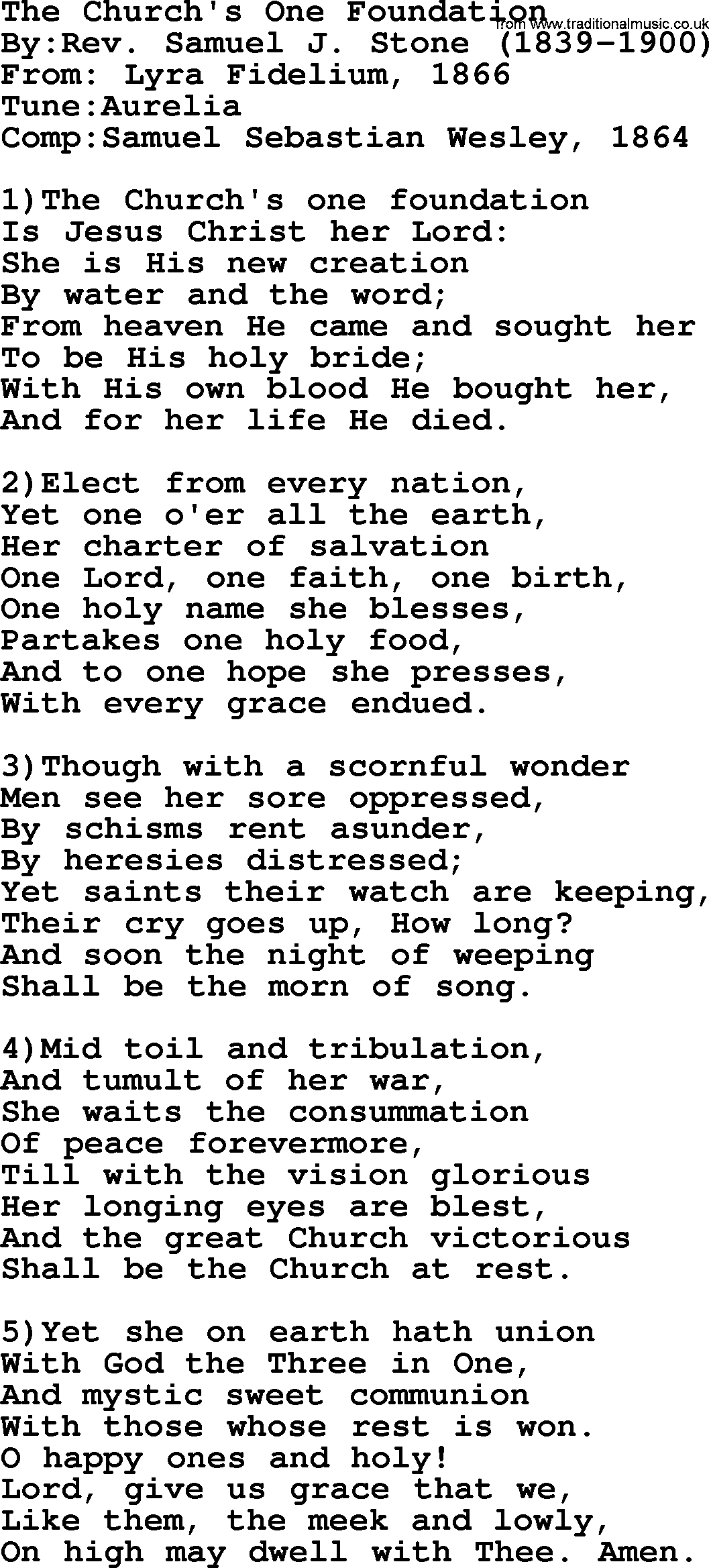 Methodist Hymn: The Church's One Foundation, lyrics
