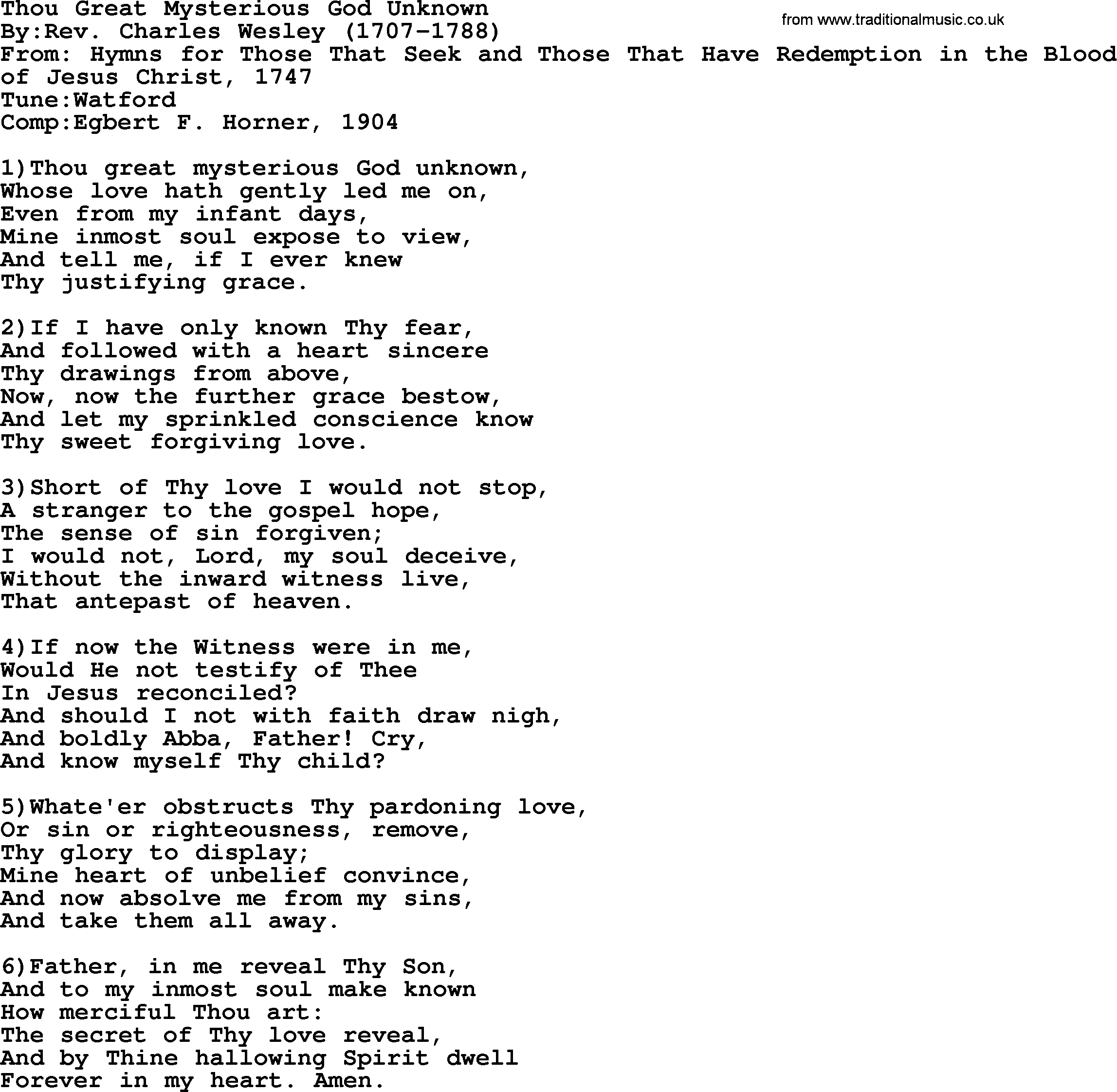 Methodist Hymn: Thou Great Mysterious God Unknown, lyrics