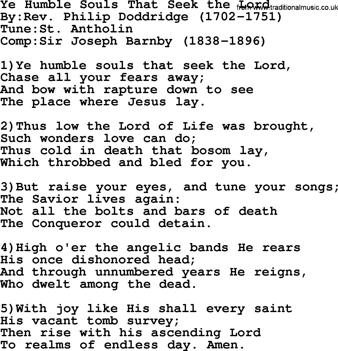 Methodist Hymn: Ye Humble Souls That Seek The Lord, lyrics