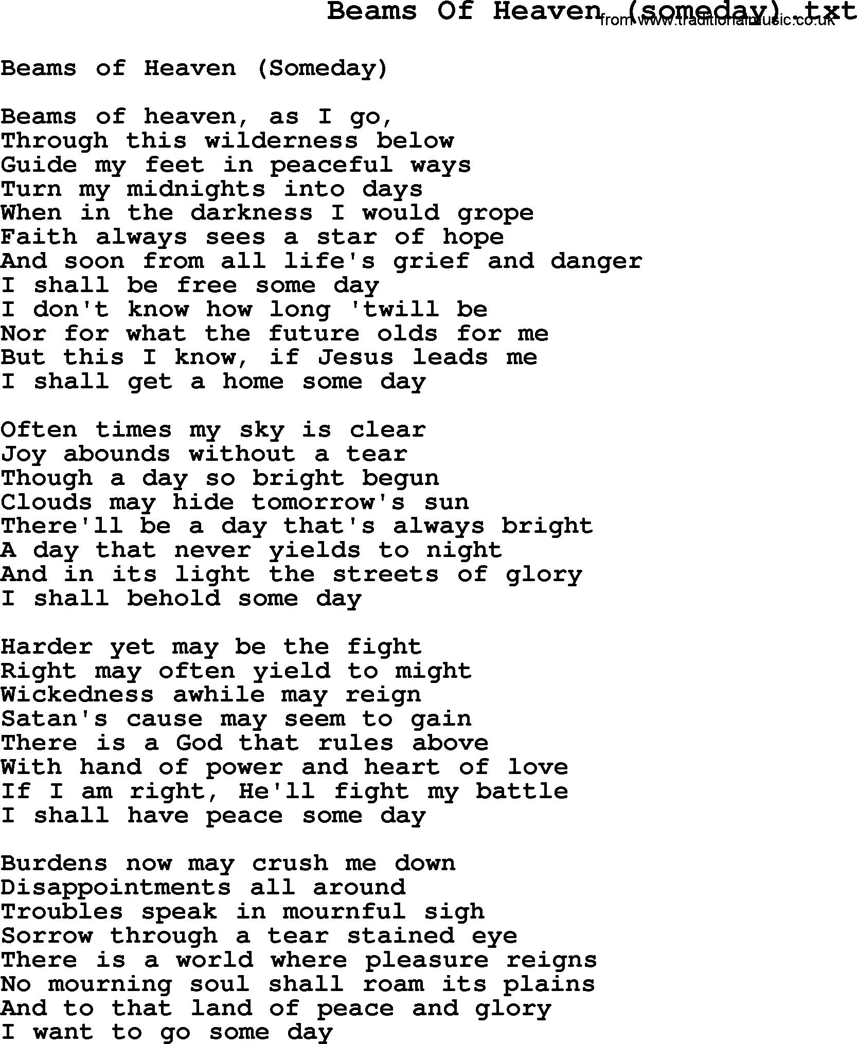 Negro Spiritual Song Lyrics for Beams Of Heaven (someday)