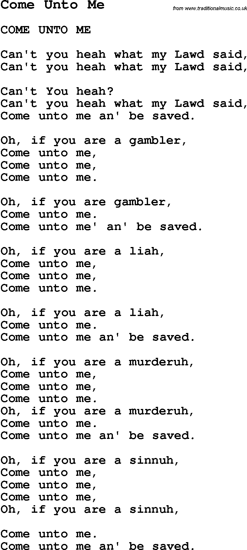 Negro Spiritual Song Lyrics for Come Unto Me