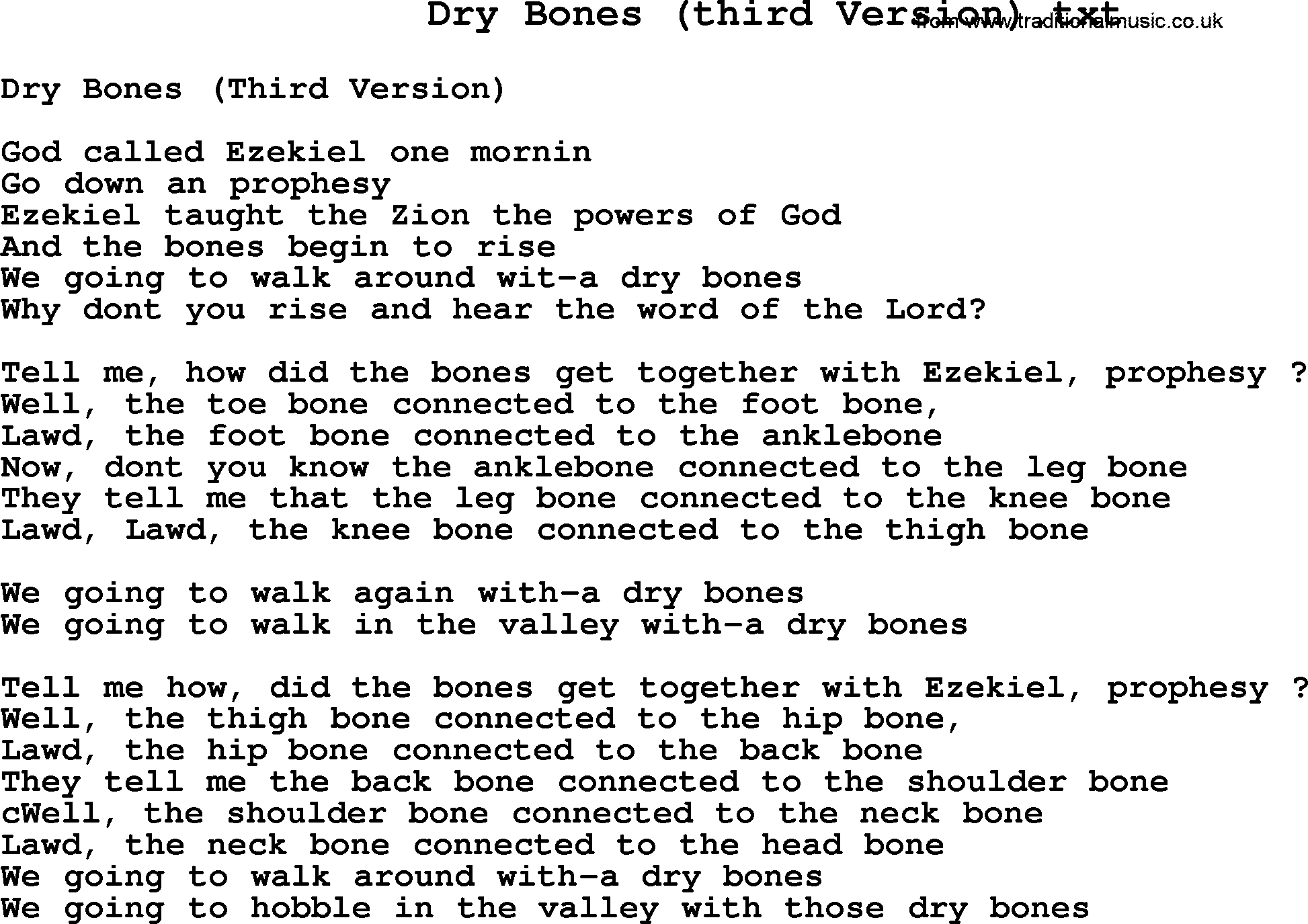 Negro Spiritual Song Lyrics for Dry Bones (third Version)
