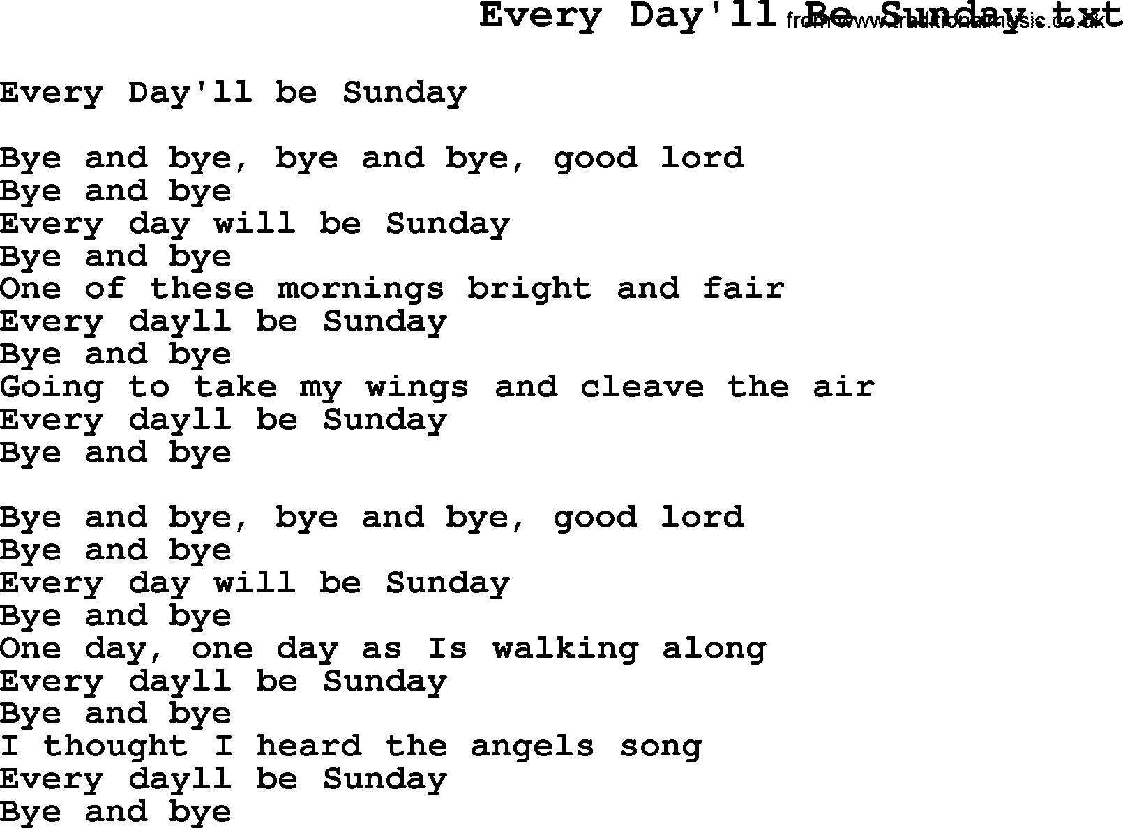Negro Spiritual Song Lyrics for Every Day'll Be Sunday