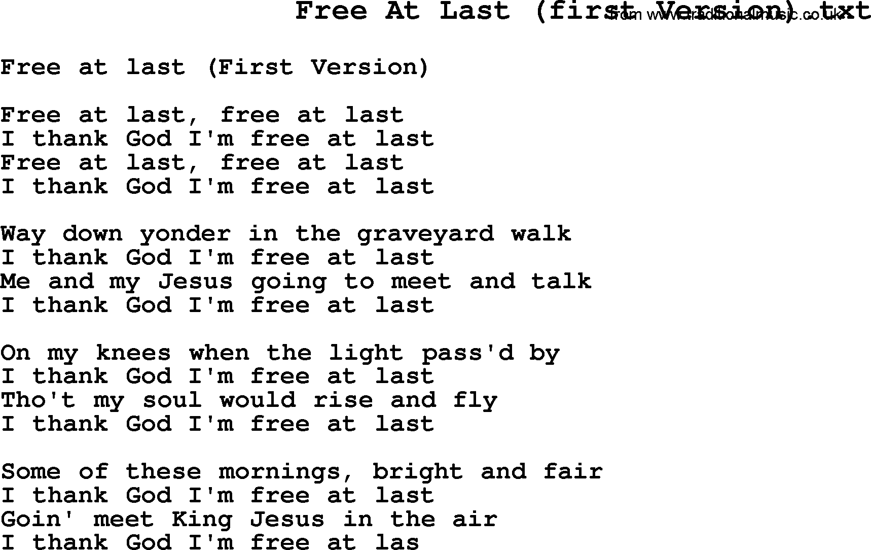 Negro Spiritual Song Lyrics for Free At Last (1)
